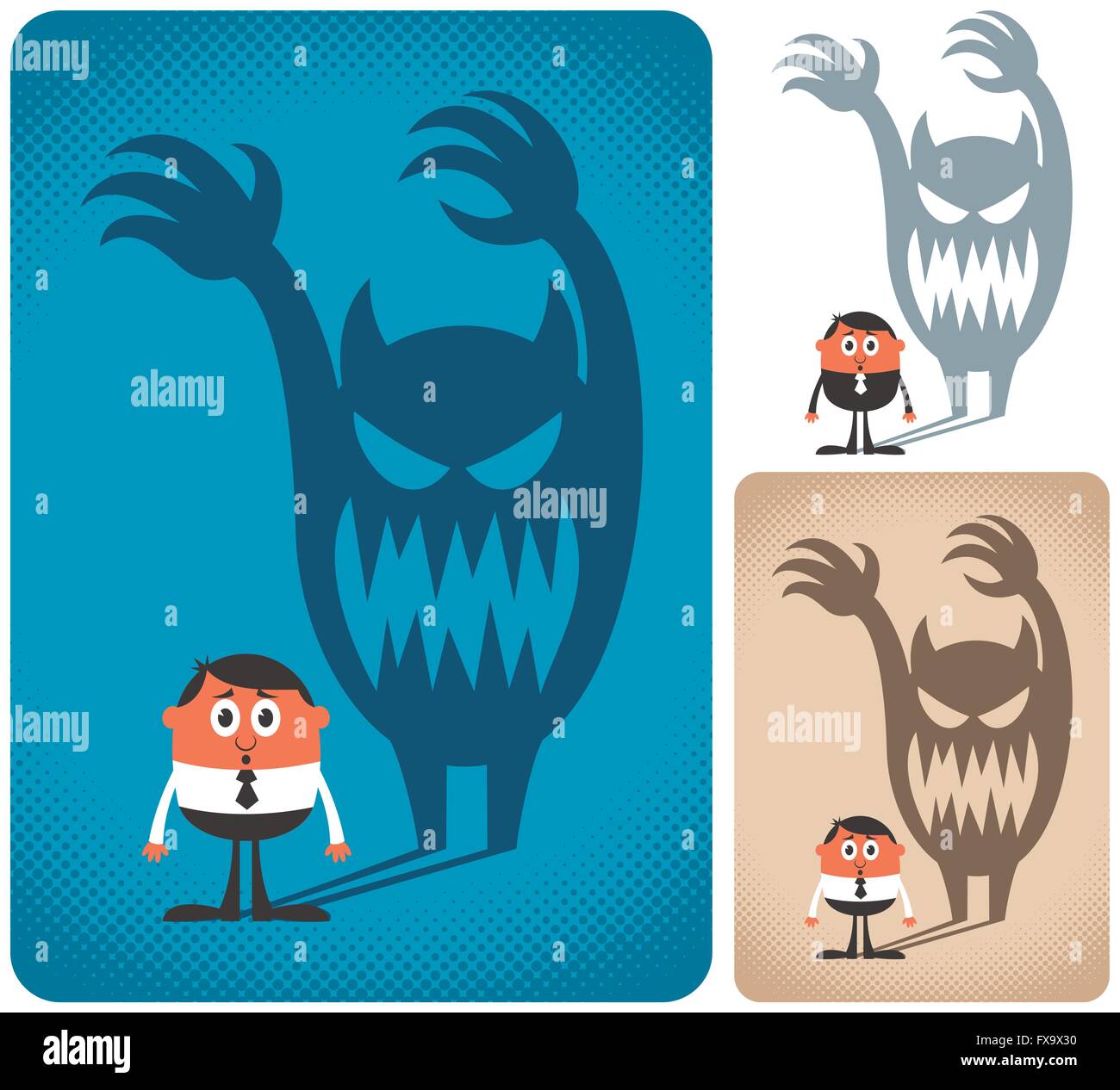 Man haunted by his shadow. The illustration is in 3 versions. Stock Vector