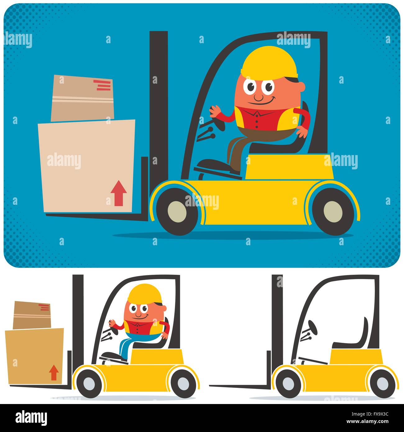 Cartoon illustration of forklift with and without driver. Stock Vector