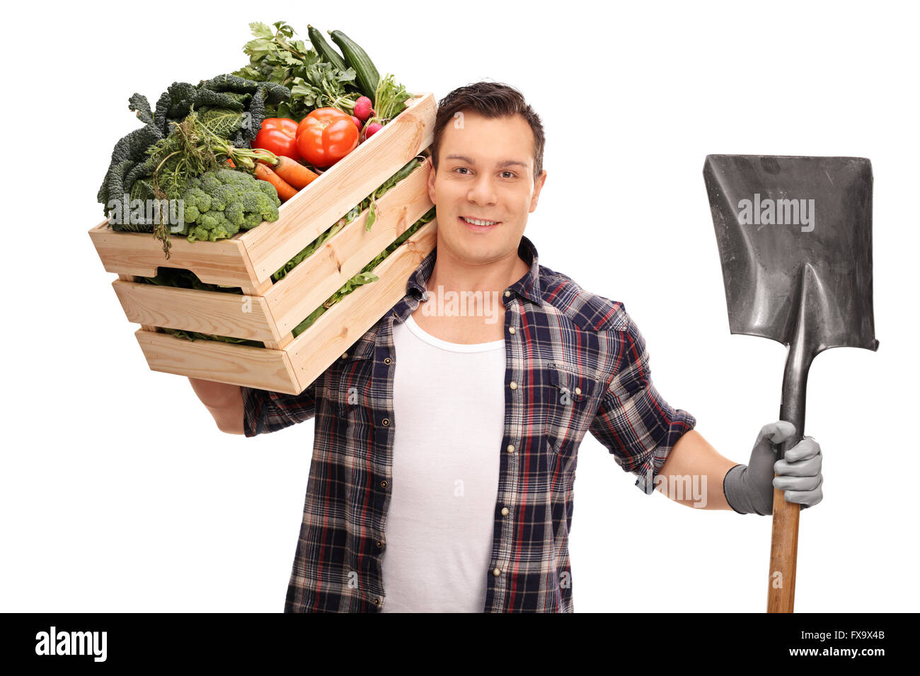Young farmer holding a shovel and a wooden crate full of fresh ...