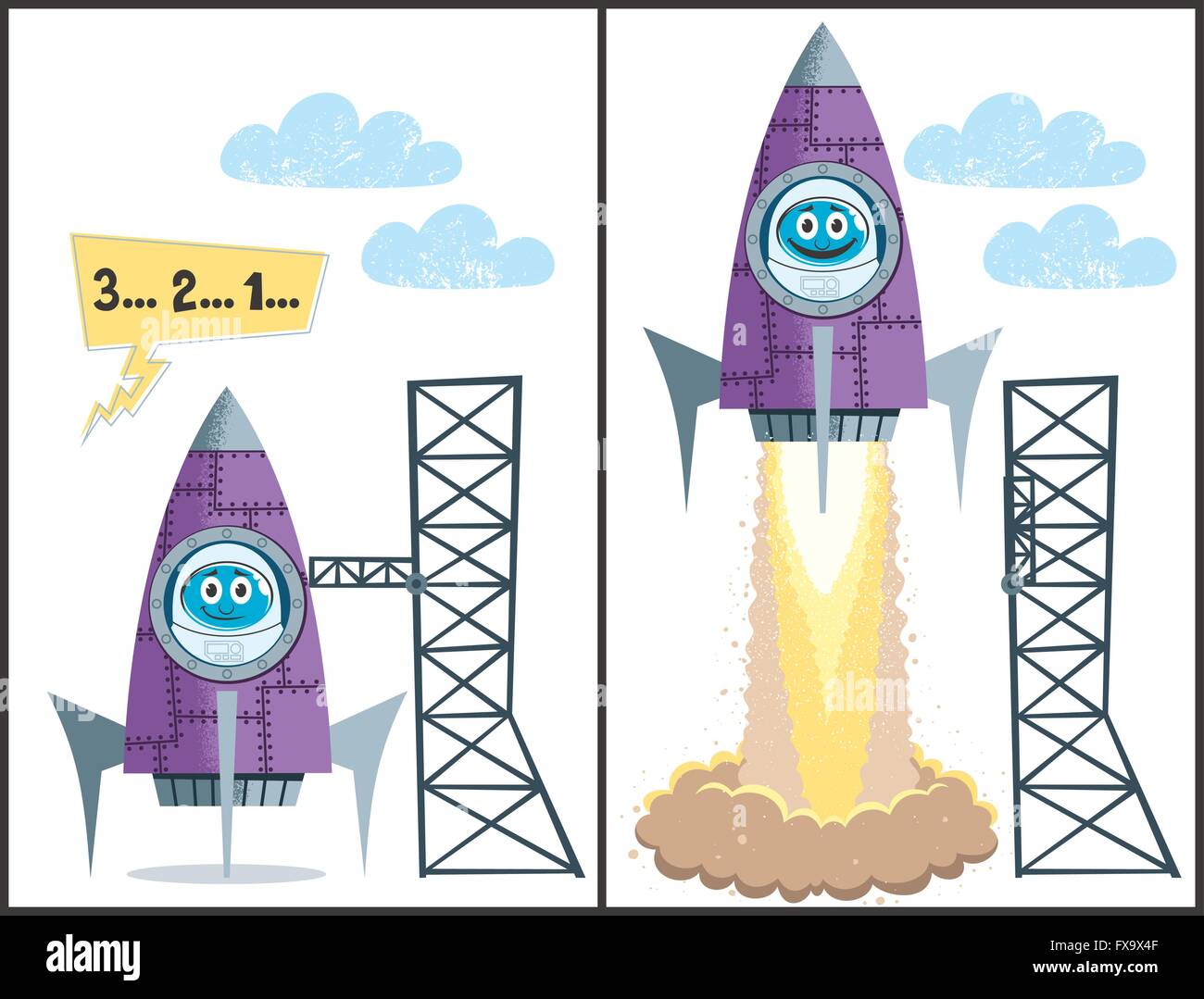 Comics about rocket taking off. No transparency and gradients used ...