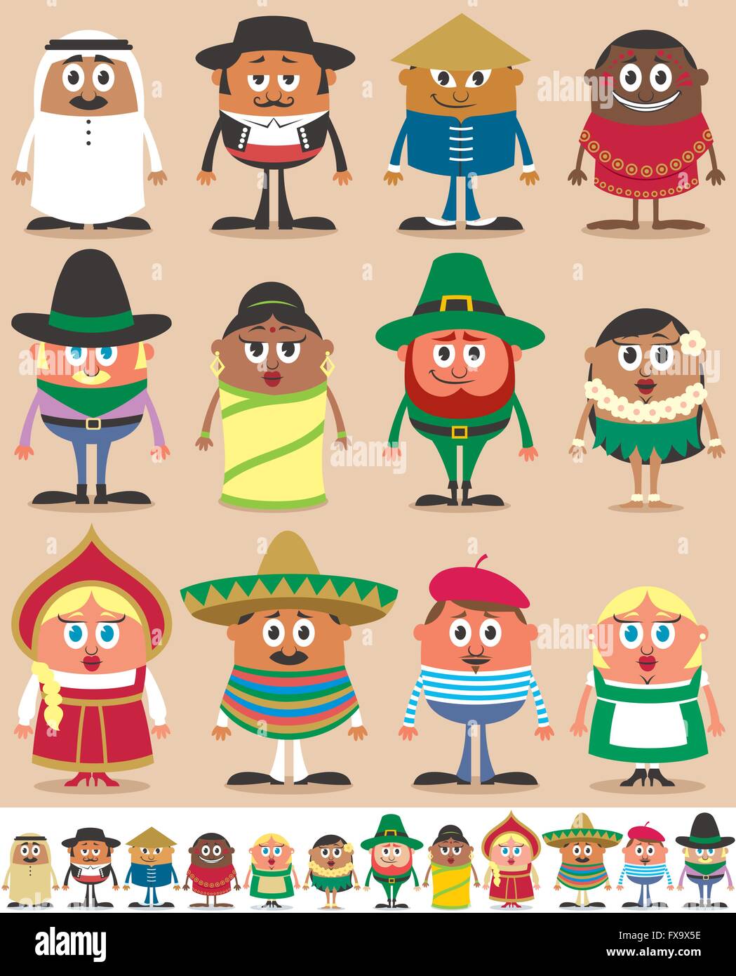 Set of 12 characters dressed in different national costumes. Each character is in 2 color versions depending on the background. Stock Vector