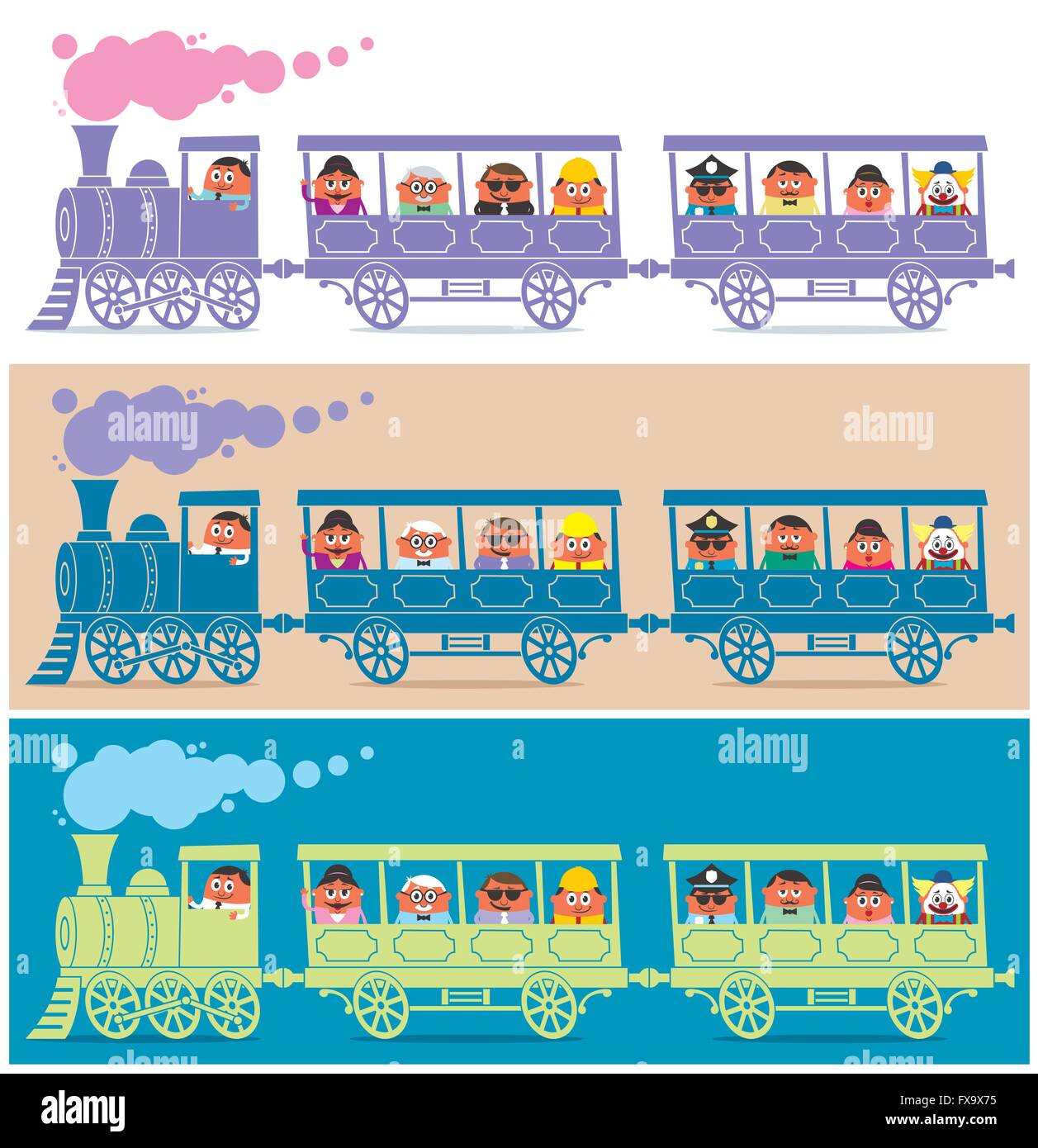 Steam train full of cartoon characters. It is in 3 color versions. Stock Vector
