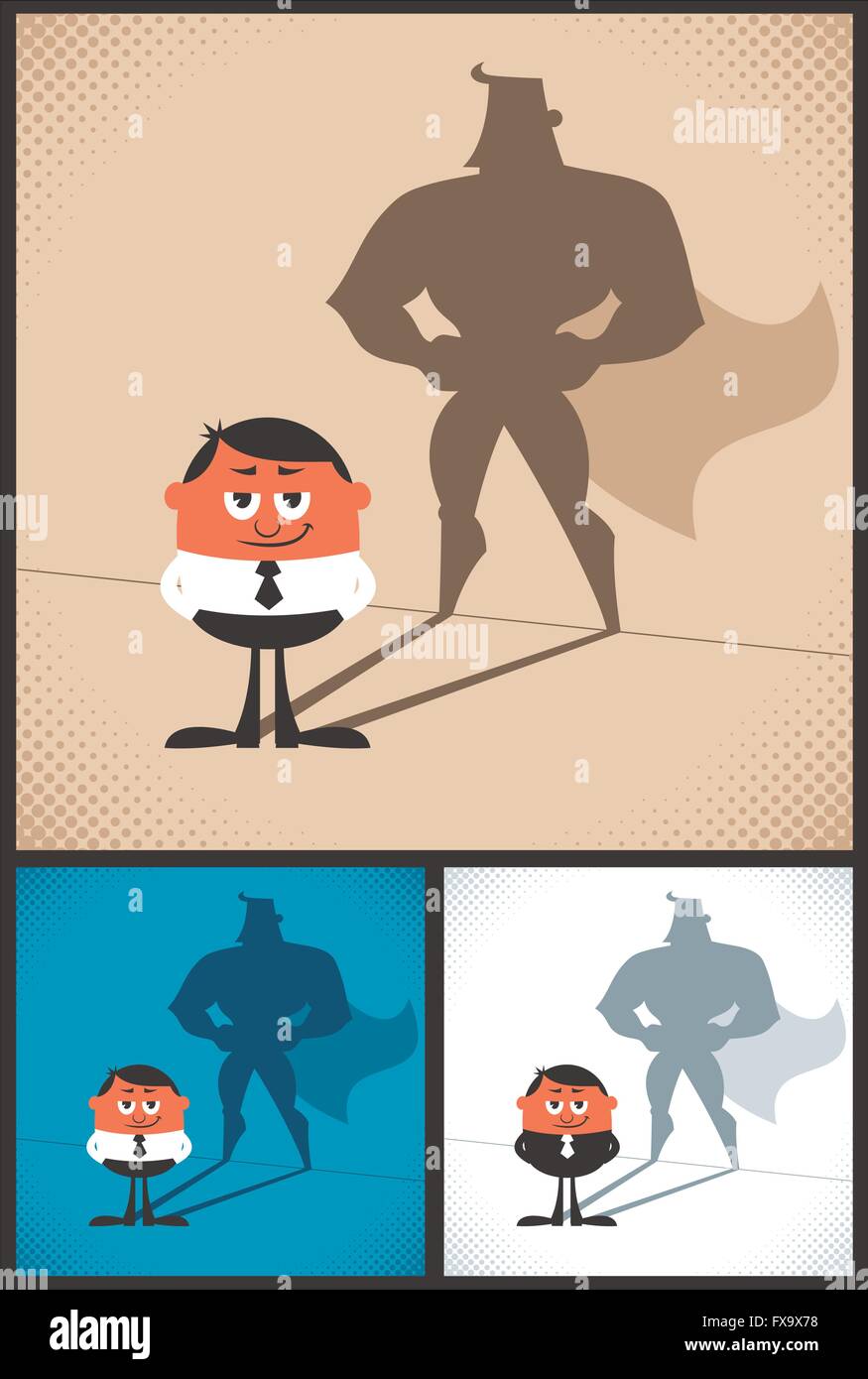 Conceptual illustration of businessman with superhero shadow. The illustration is in 3 versions. Stock Vector