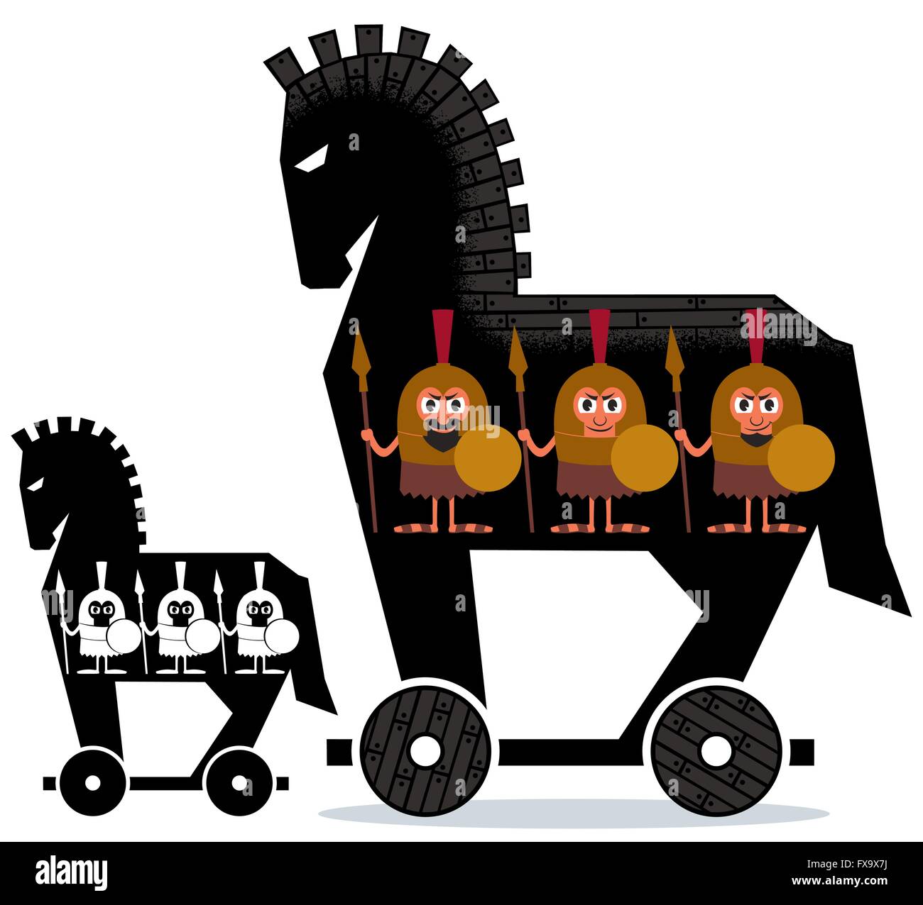 Cartoon Trojan horse with Greek soldiers in it in 2 versions. Stock Vector