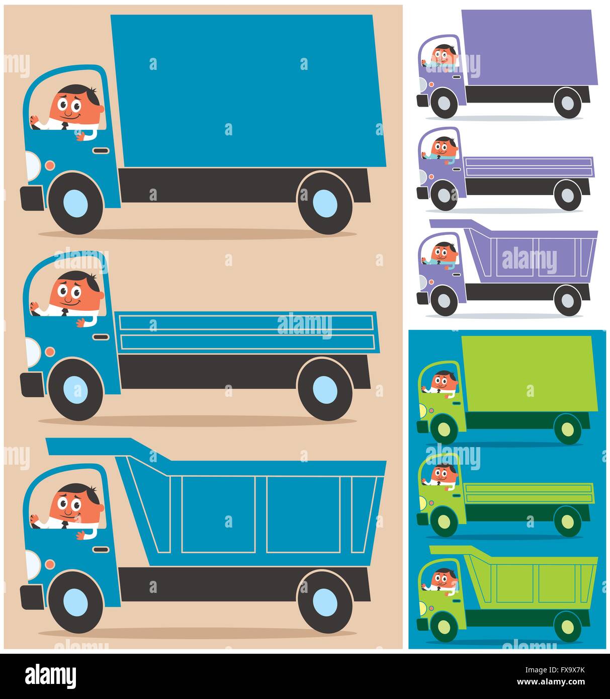 Cartoon character driving 3 types of trucks. Each truck is in 3 color versions. Stock Vector