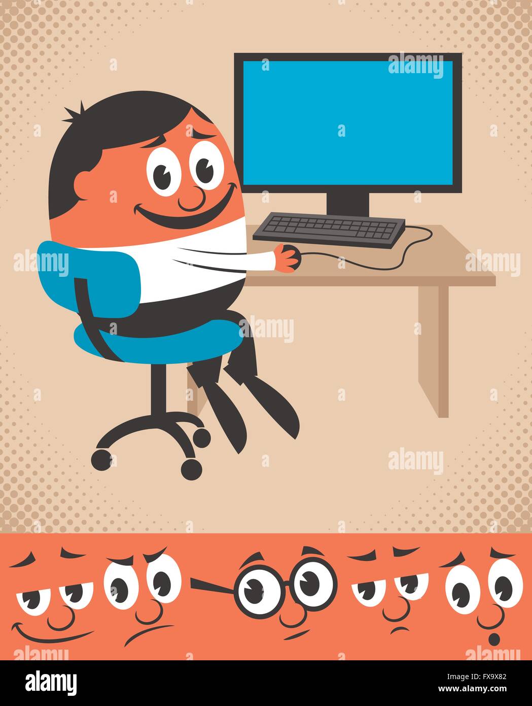 Cartoon character working on desktop computer. You can change his face expression, picking from the 5 additional faces below. Th Stock Vector