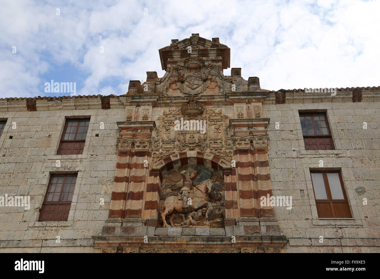 Sculpture of Saint James 'the Moorslayer' on the facade of the monastery of San Pedro de Cardena, Burgos, Spain. Stock Photo