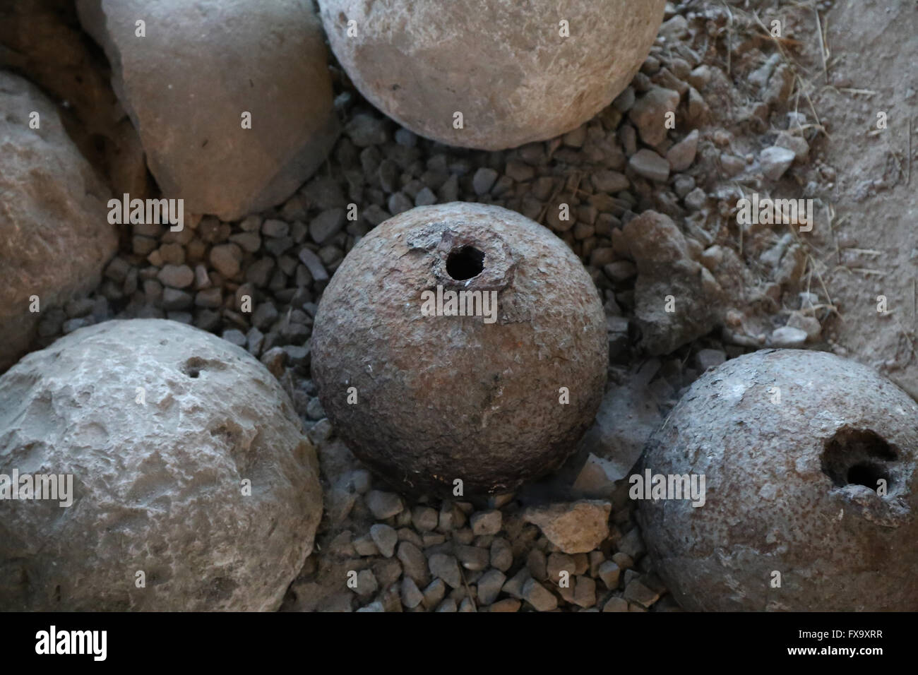 Bombard balls. Stones and iron. Burgos. The Castle. Warehouse of the Museum of Burgos. Stock Photo