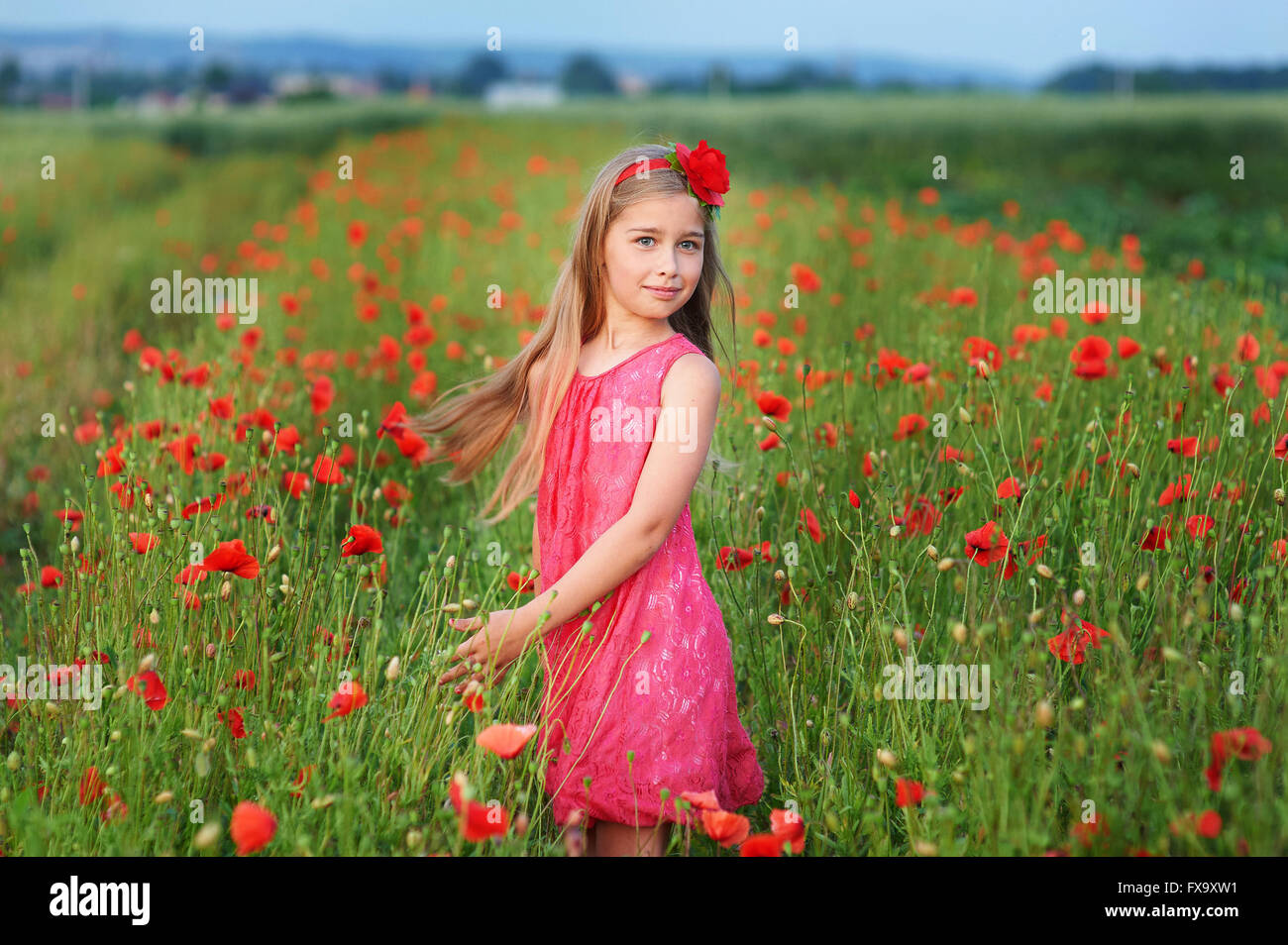 beautiful girl in red dress walks at poppy field Stock Photo - Alamy
