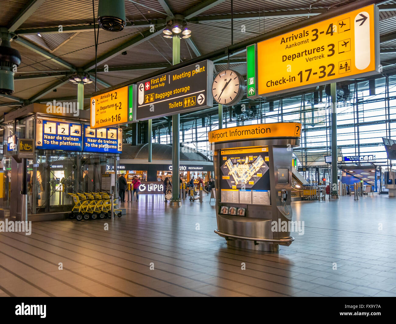 Signs in train station Schiphol Plaza of Schiphol Amsterdam Airport, Netherlands Stock Photo