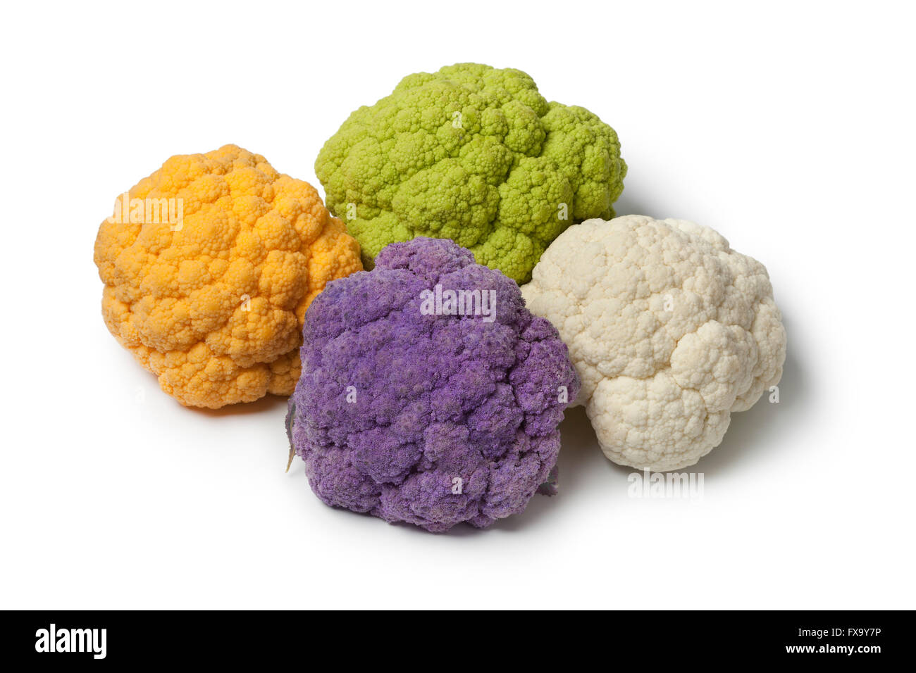 Variety of different colors mini cauliflower on white background Stock