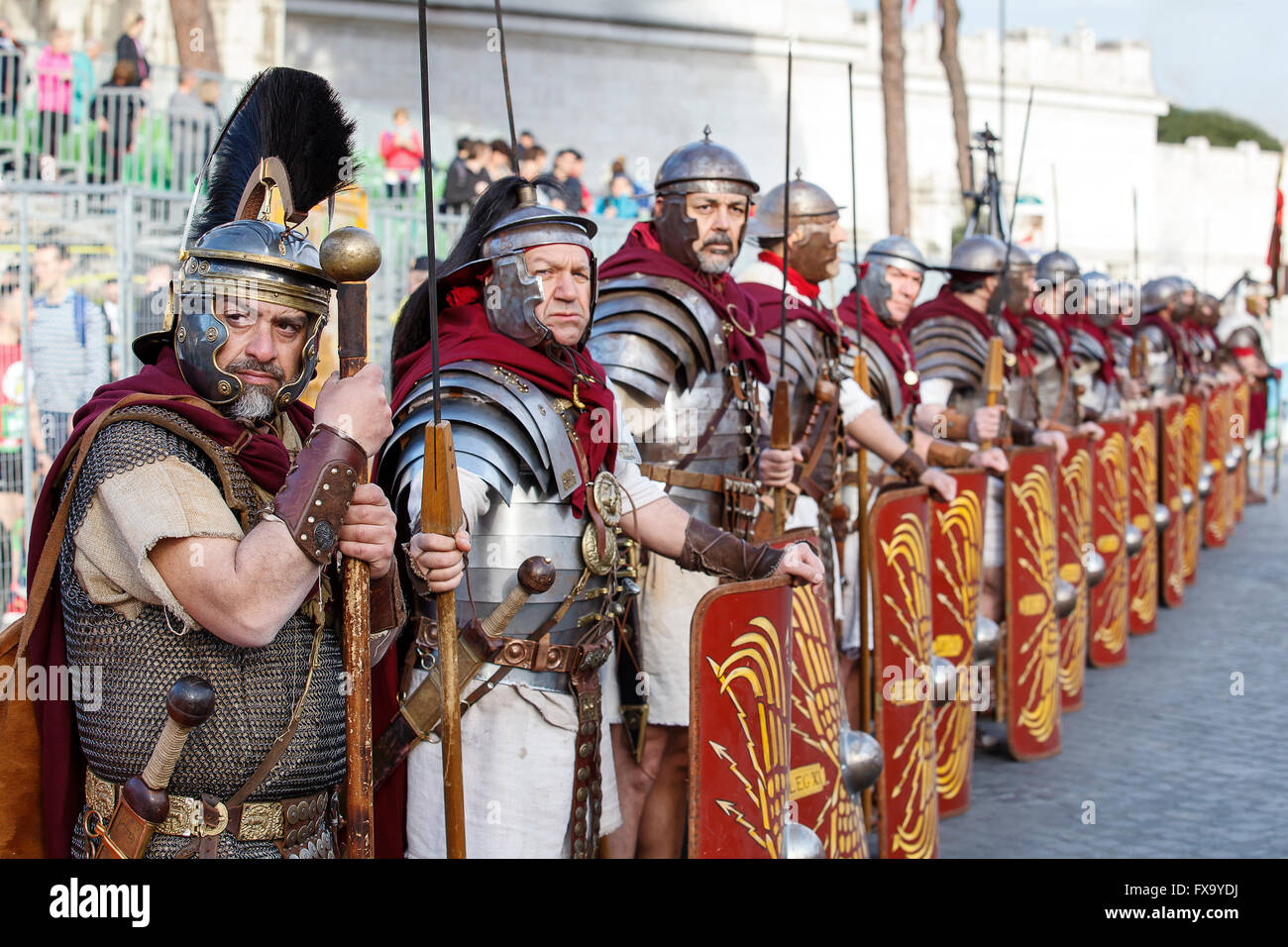 Gladiators in line. Rome, Italy - April 10, 2016: Gladiators in line at the Rome Marathon in 2016. Stock Photo