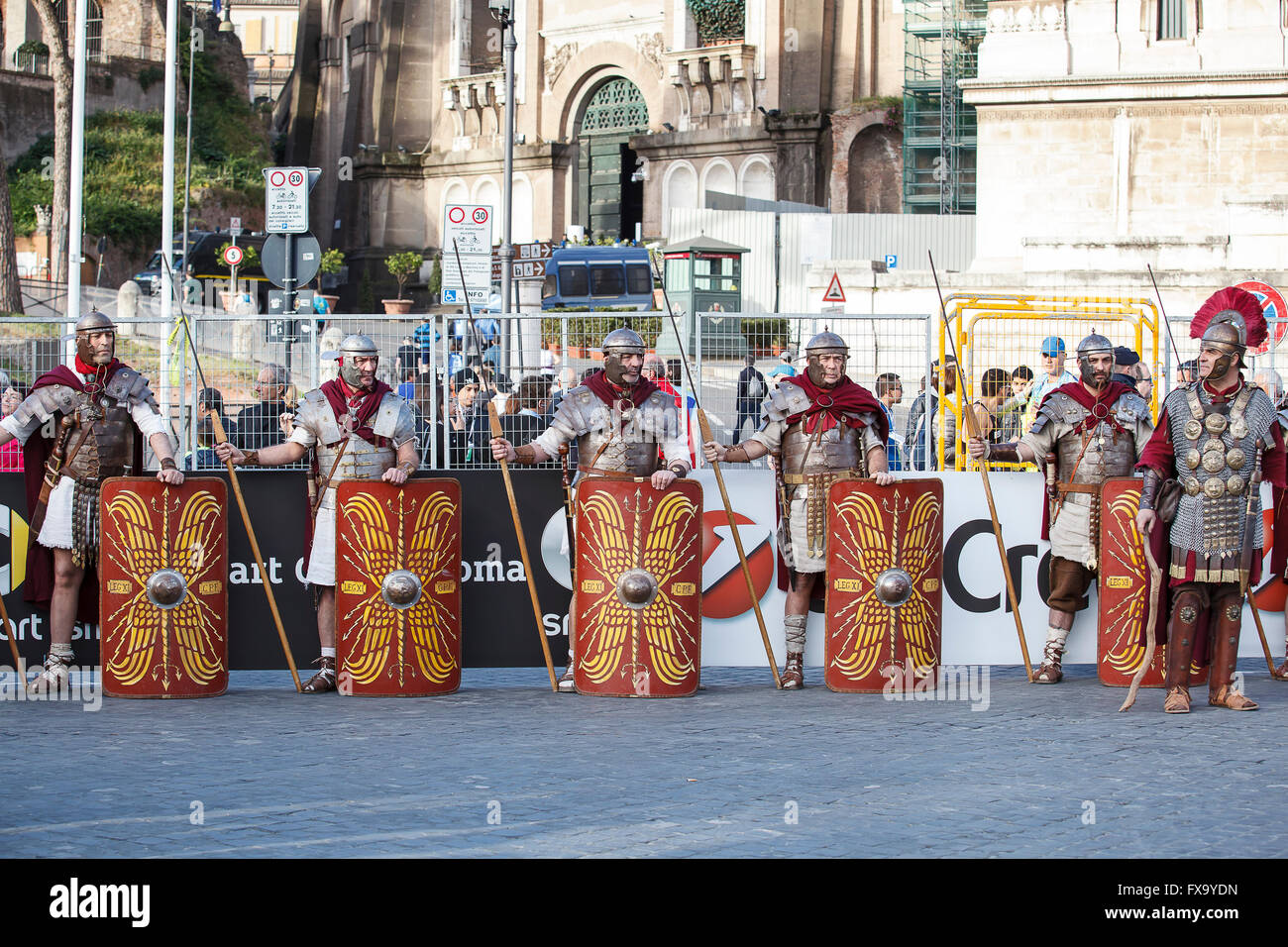 Gladiators in line. Rome, Italy - April 10, 2016: Gladiators in line at the Rome Marathon in 2016. Stock Photo