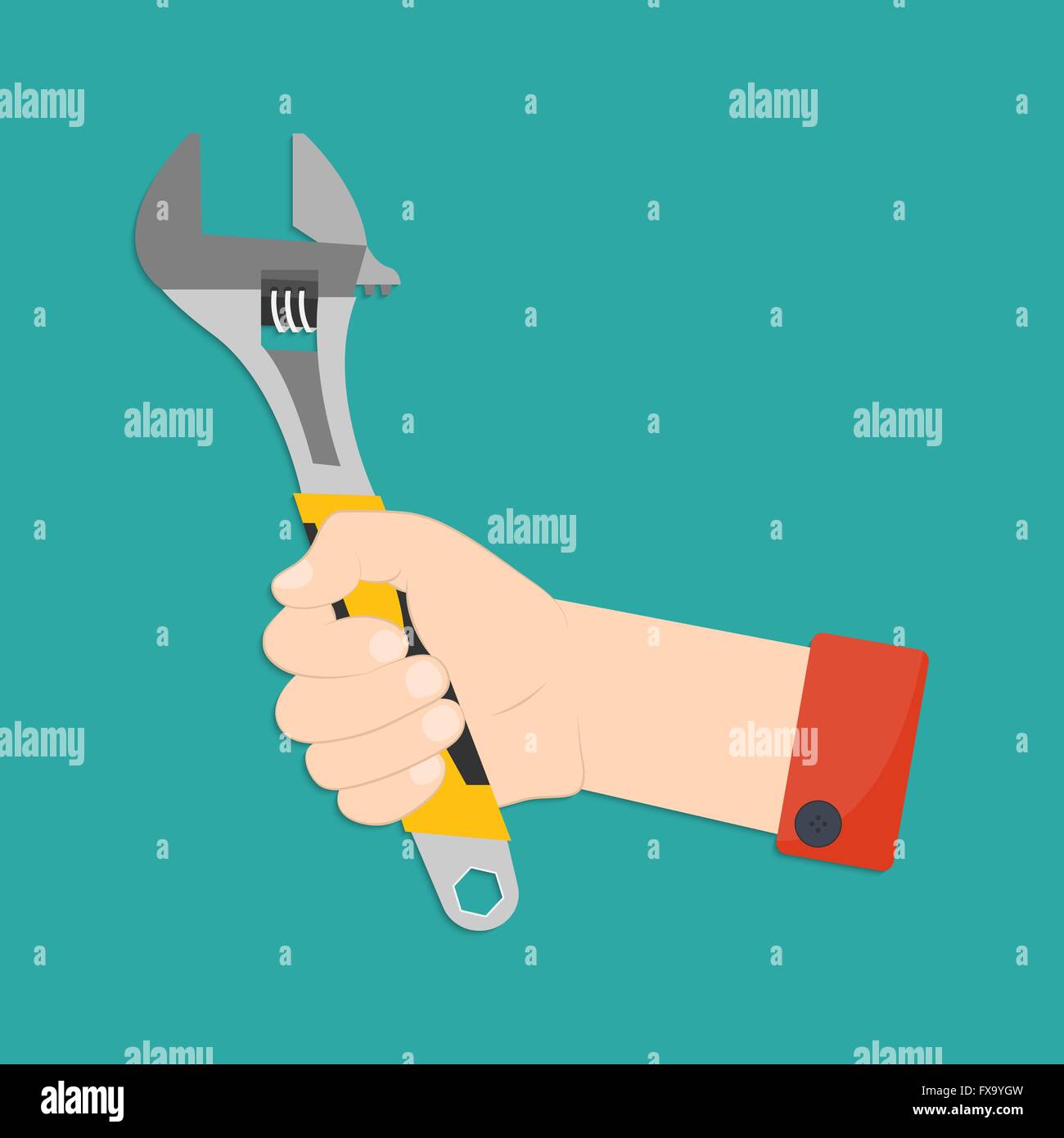 Vector illustration of hand with monkey wrench. Man's hand with monkey wrench in flat style for your design Stock Vector