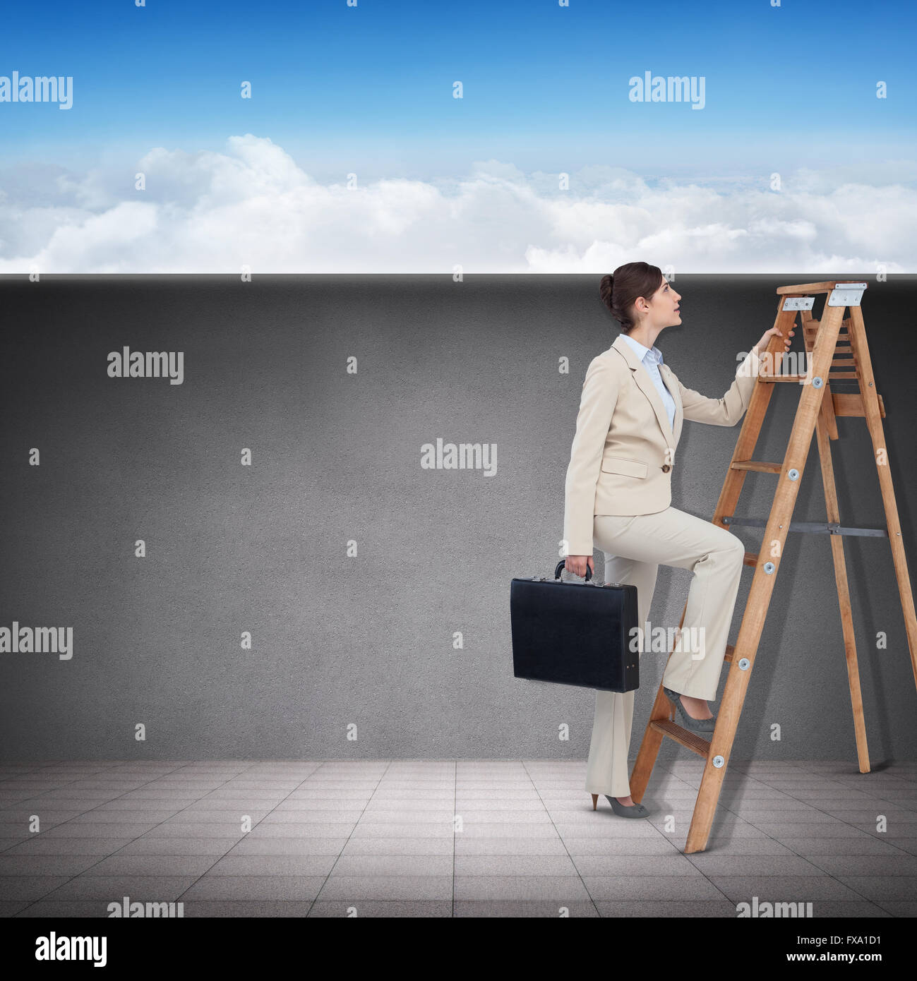 Composite image of businessman looking on a ladder Stock Photo