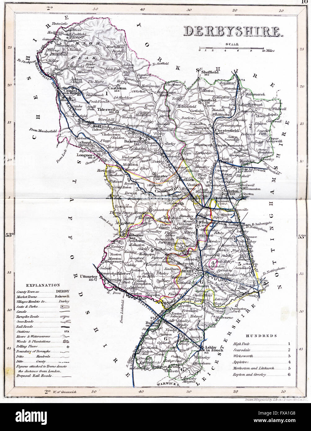 An old coloured map of Derbyshire scanned at high resolution from a