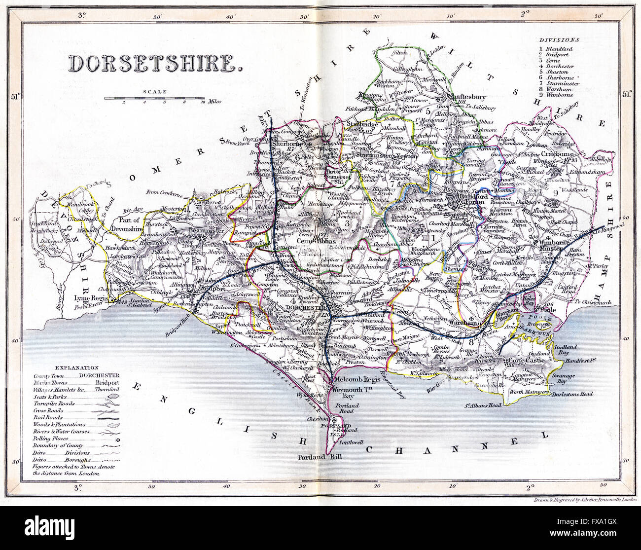 An old coloured map of Dorsetshire scanned at high resolution from a book printed around 1850. Believed copyright free. Stock Photo