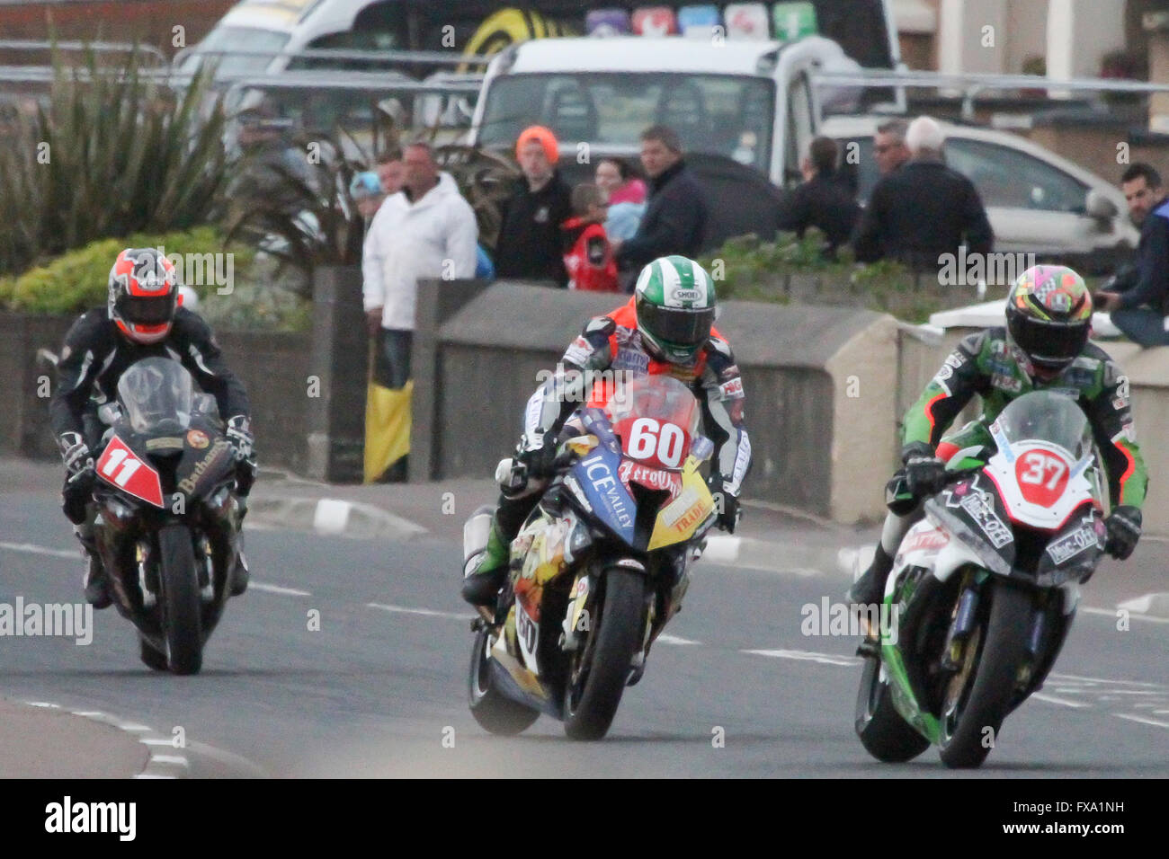 Thursday 13th May 2014 - Vauxhall International North West 200. Evening races - Superstock Qualifying - James Hillier (37) Peter Hickman (60) and Stephen Thompson (11) on the approach to York Corner on the famous Triangle Circuit. Stock Photo