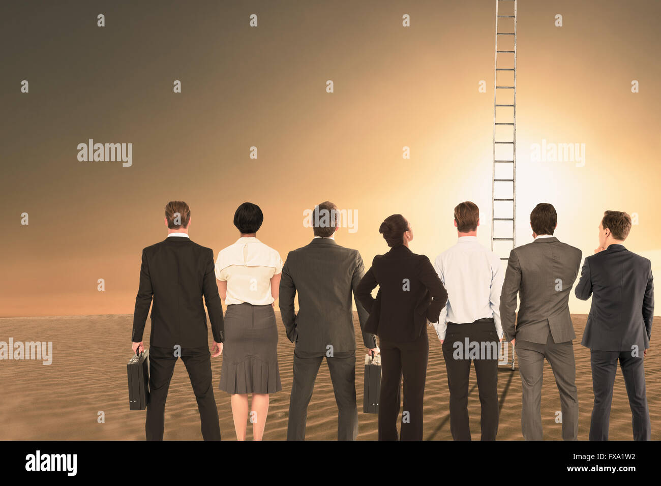 Composite image of rear view of multiethnic business people standing side by side Stock Photo