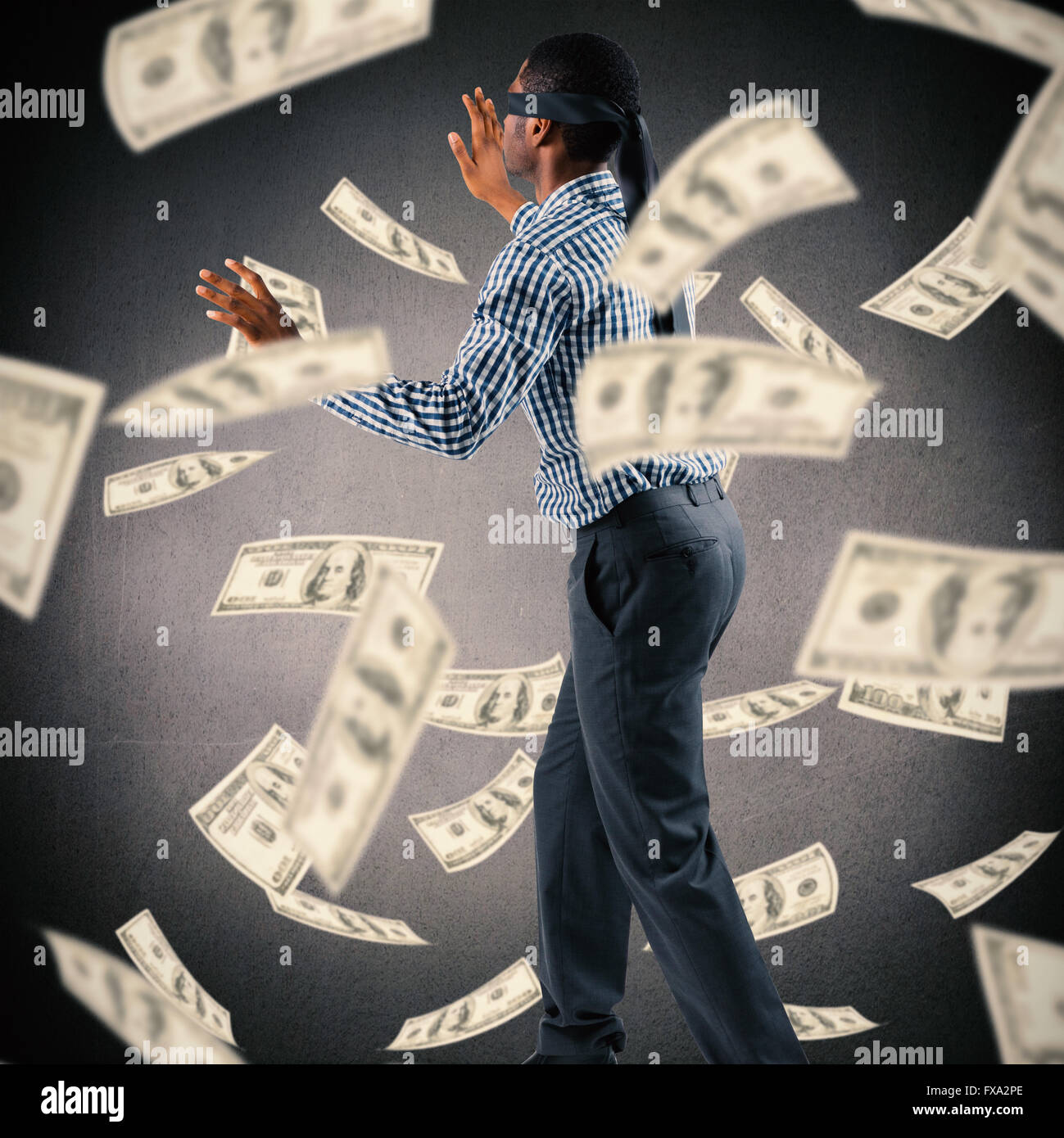 Composite image of blindfolded businessman with arms out Stock Photo