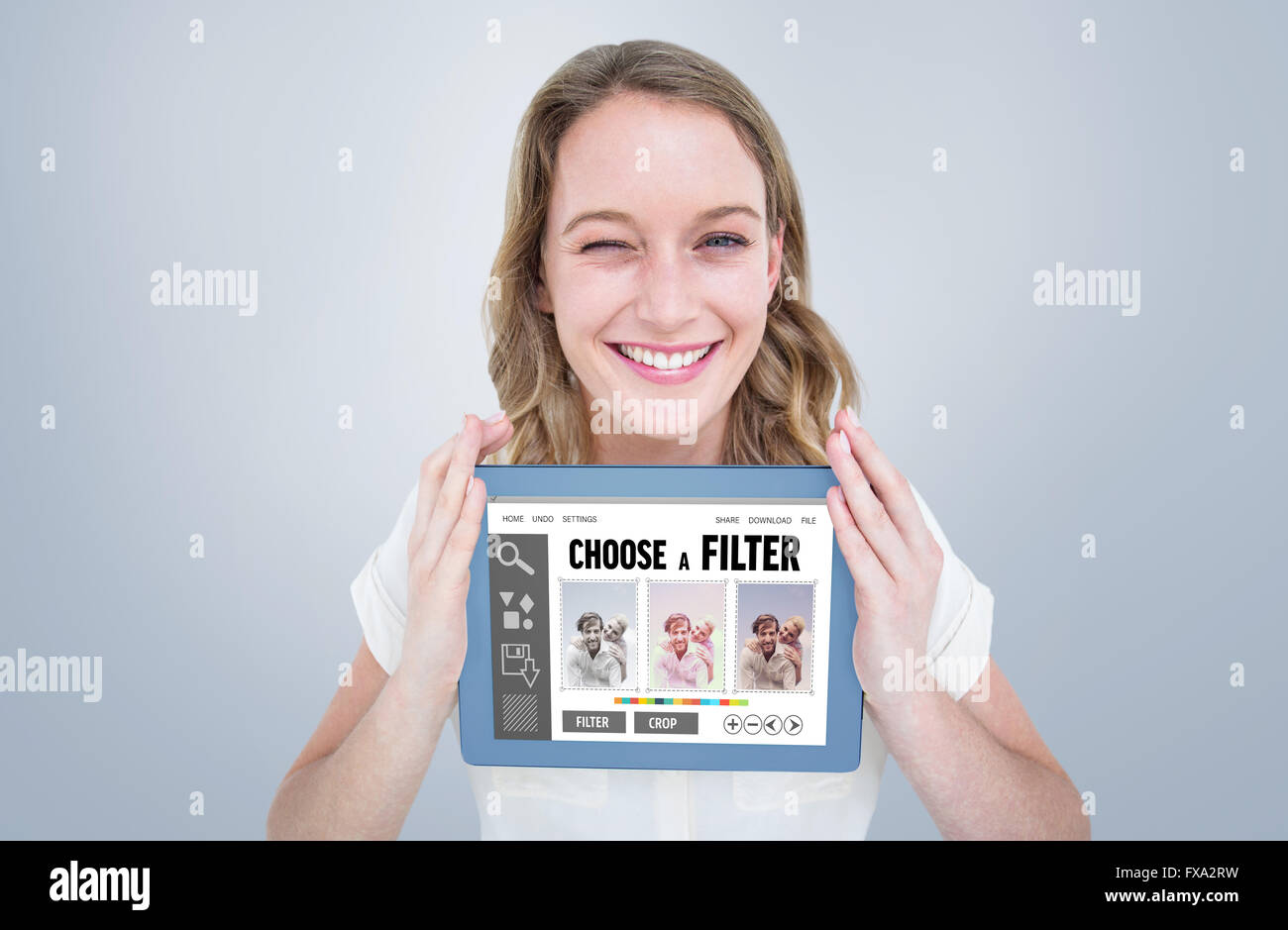 Man woman showing tablet hi-res stock photography and images - Alamy