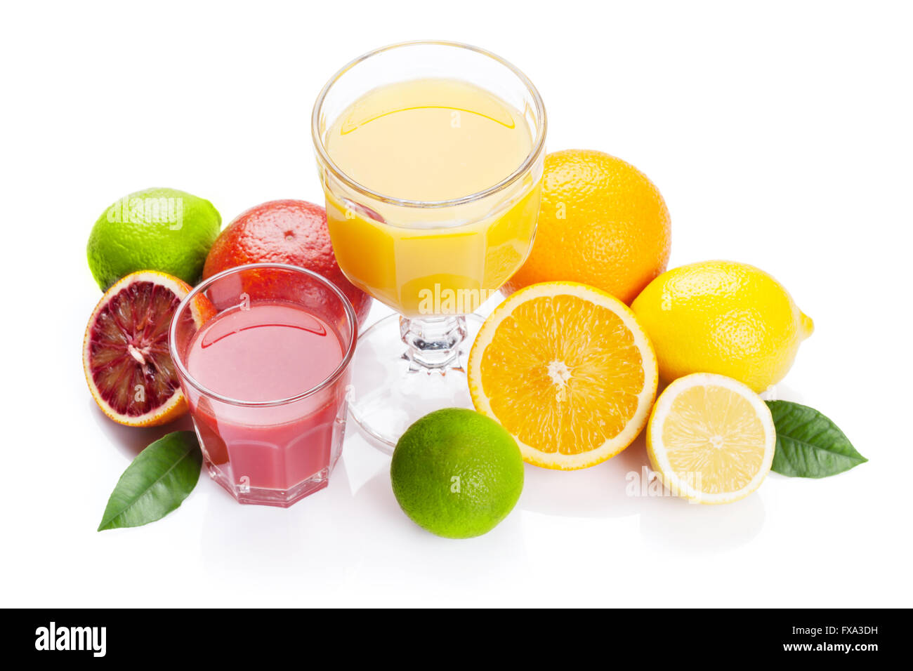Fresh ripe citruses and juice. Lemons, limes and oranges. Isolated on white background Stock Photo