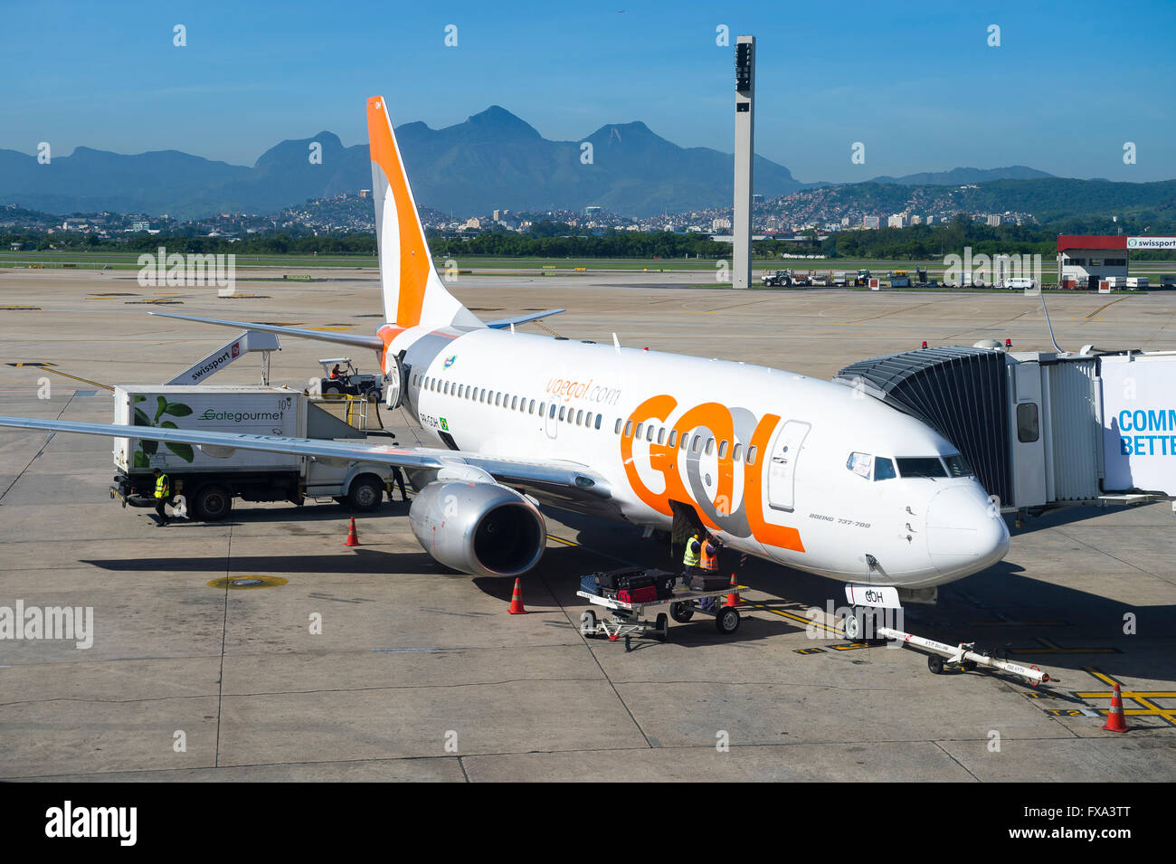 RIO DE JANEIRO - FEBRUARY 1, 2016: A jet owned by Gol, the Sao Paulo-based budget airline, prepares for flight at Galeao airport Stock Photo