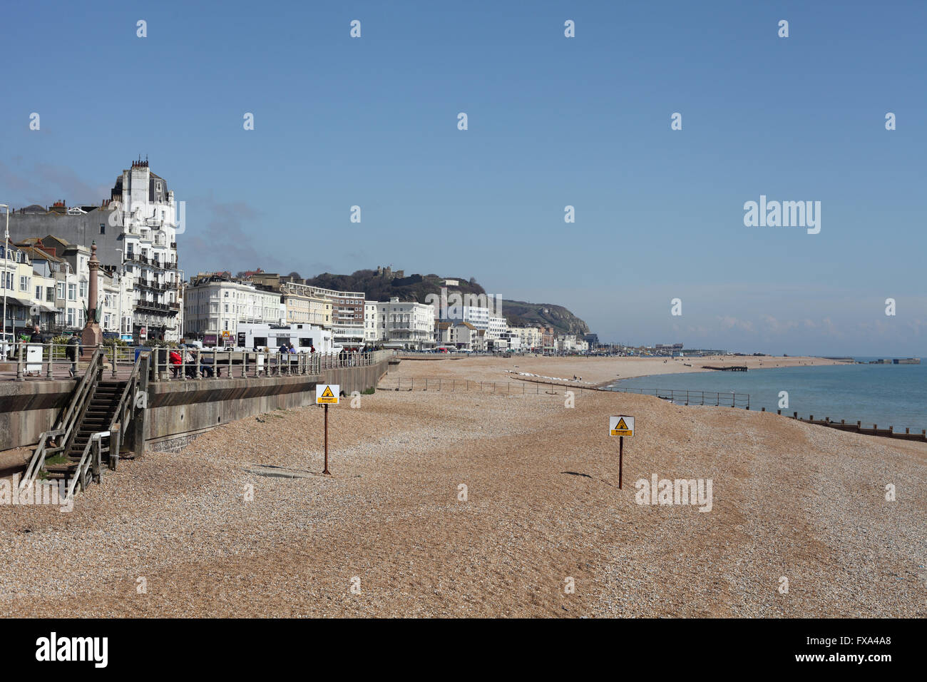 Hastings seafront and beach viewed from the restored pier looking eastward,  East Sussex, UK Stock Photo