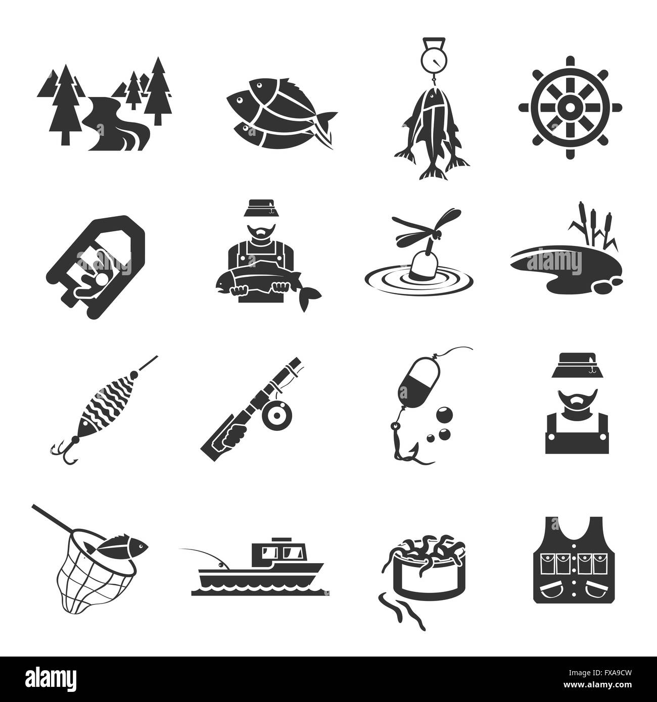 Fishing Tools Items Icons Set, Outline Style Stock Vector