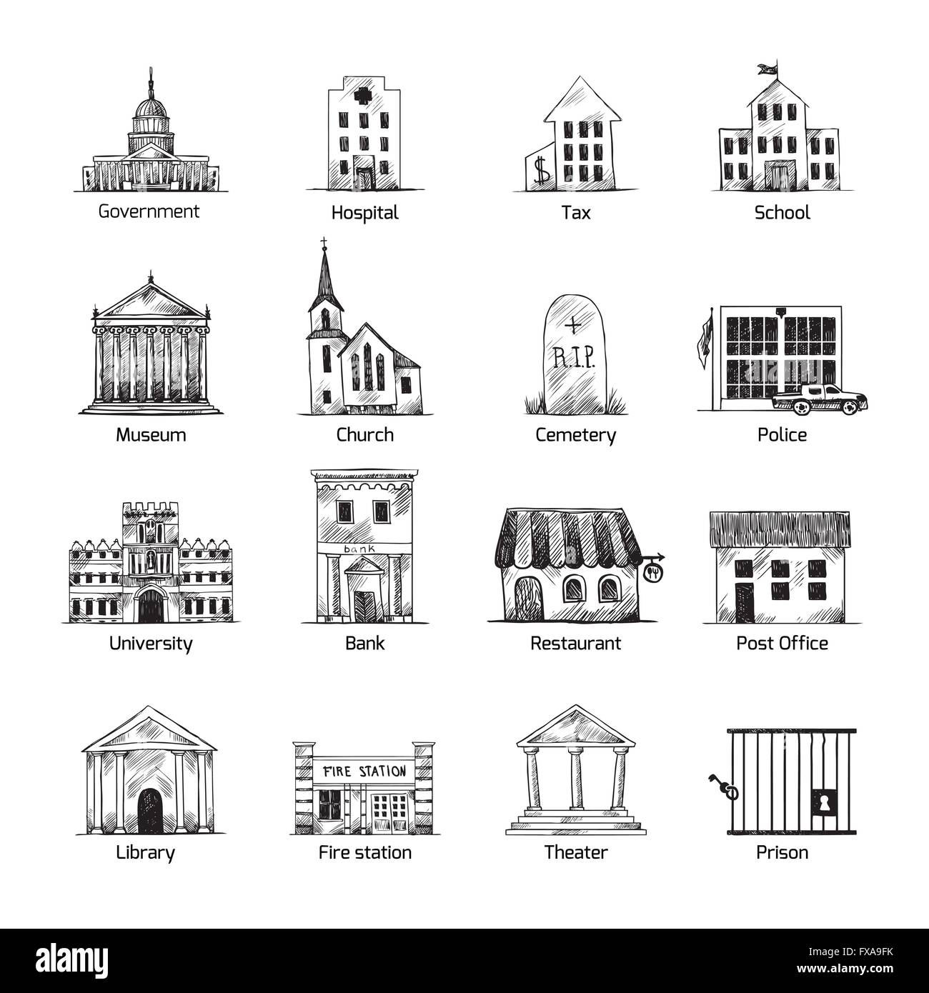 Government building icons set Stock Vector