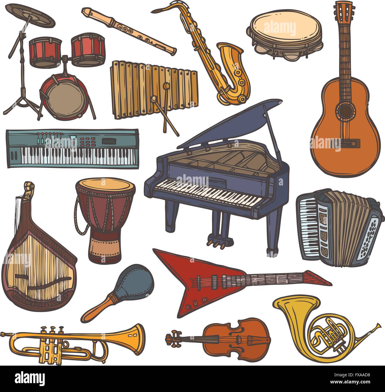 Musical instruments isolated sketch Music objects 16540152 Vector Art at  Vecteezy