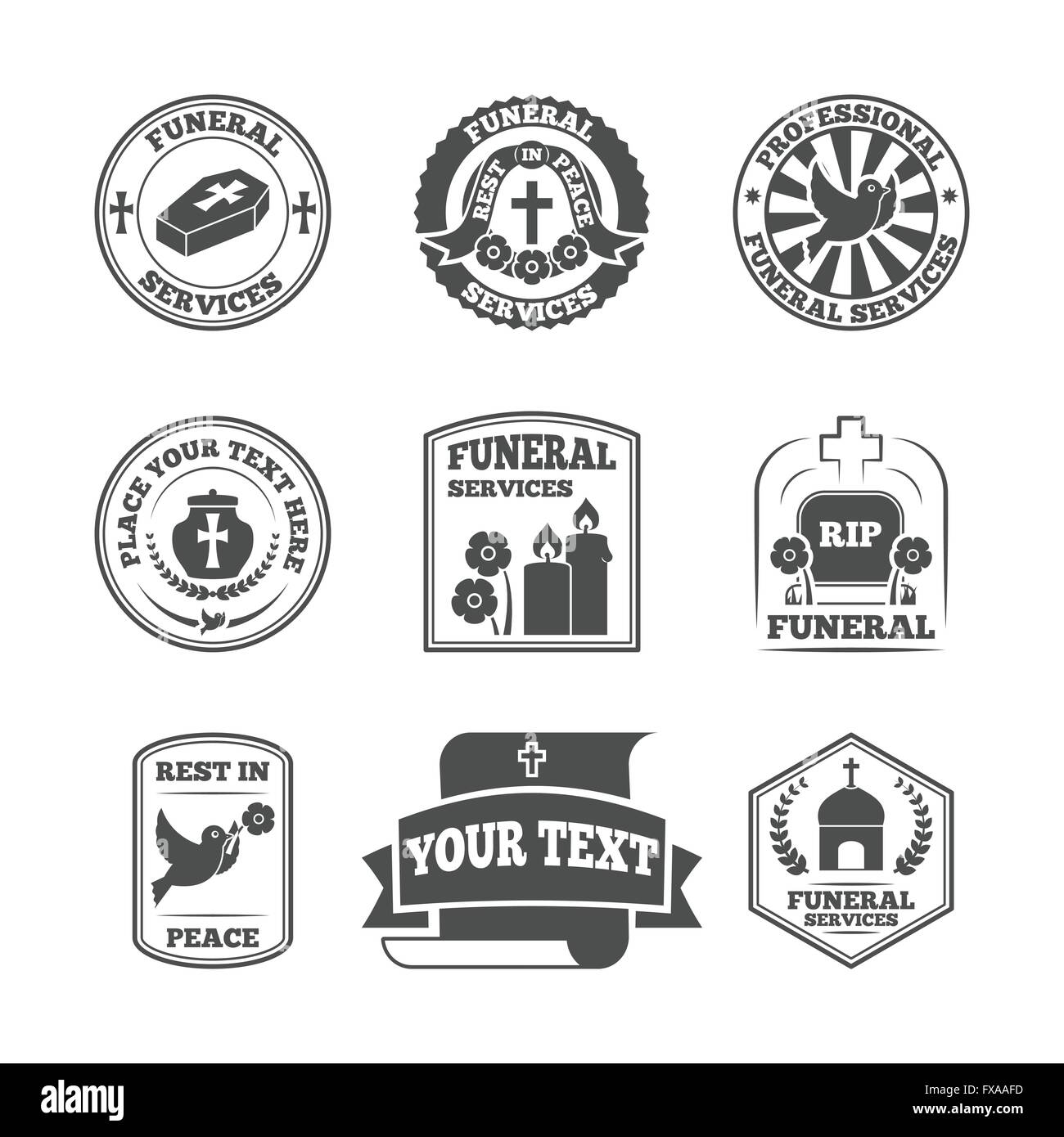 Funeral labels icons set Stock Vector