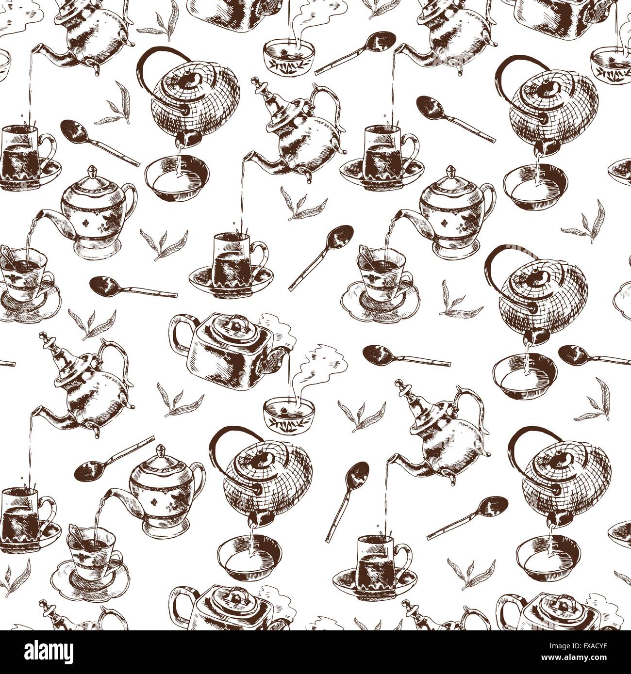 Teapot and cups seamless pattern Stock Vector