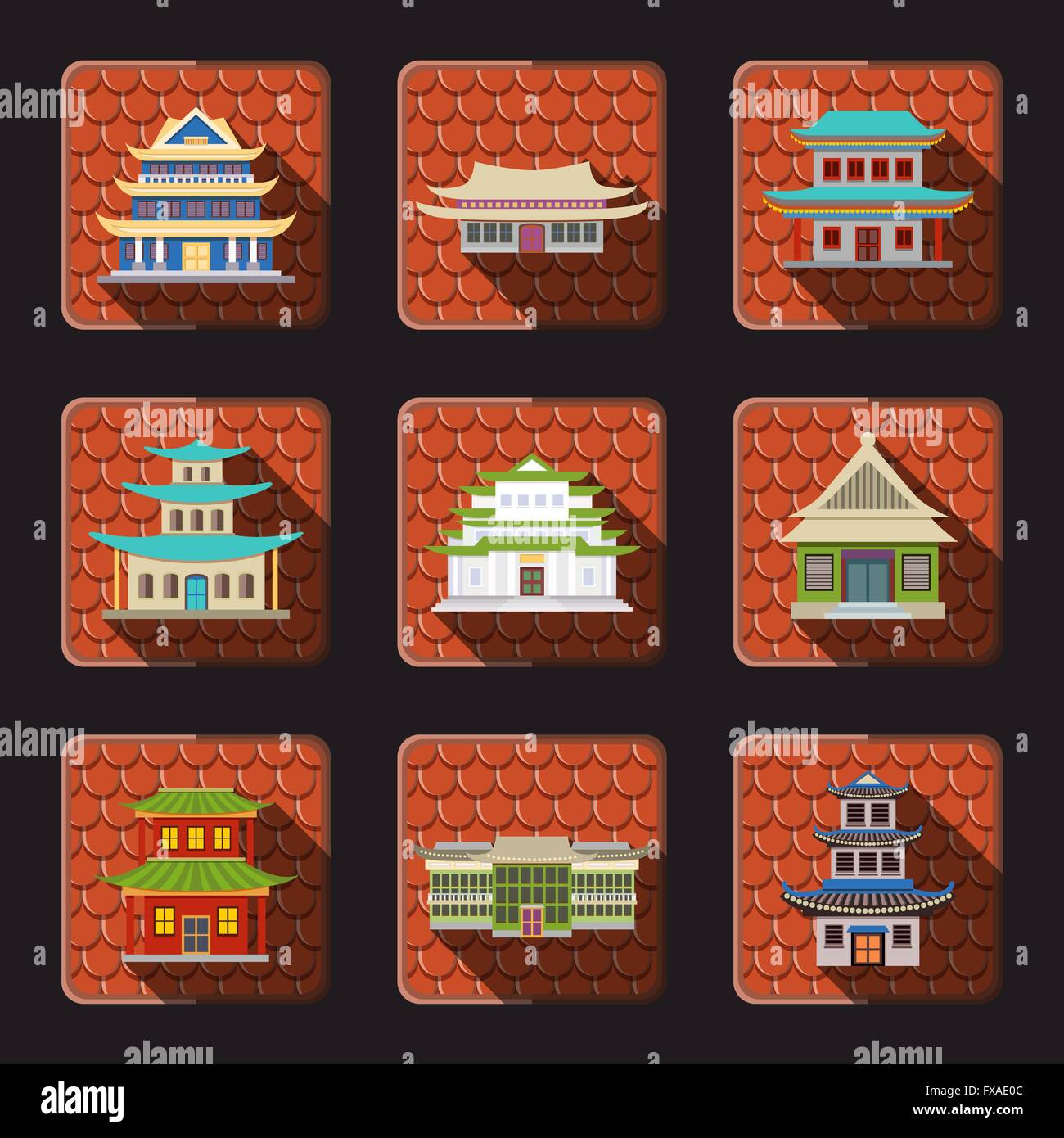 Chinese house icons tile Stock Vector