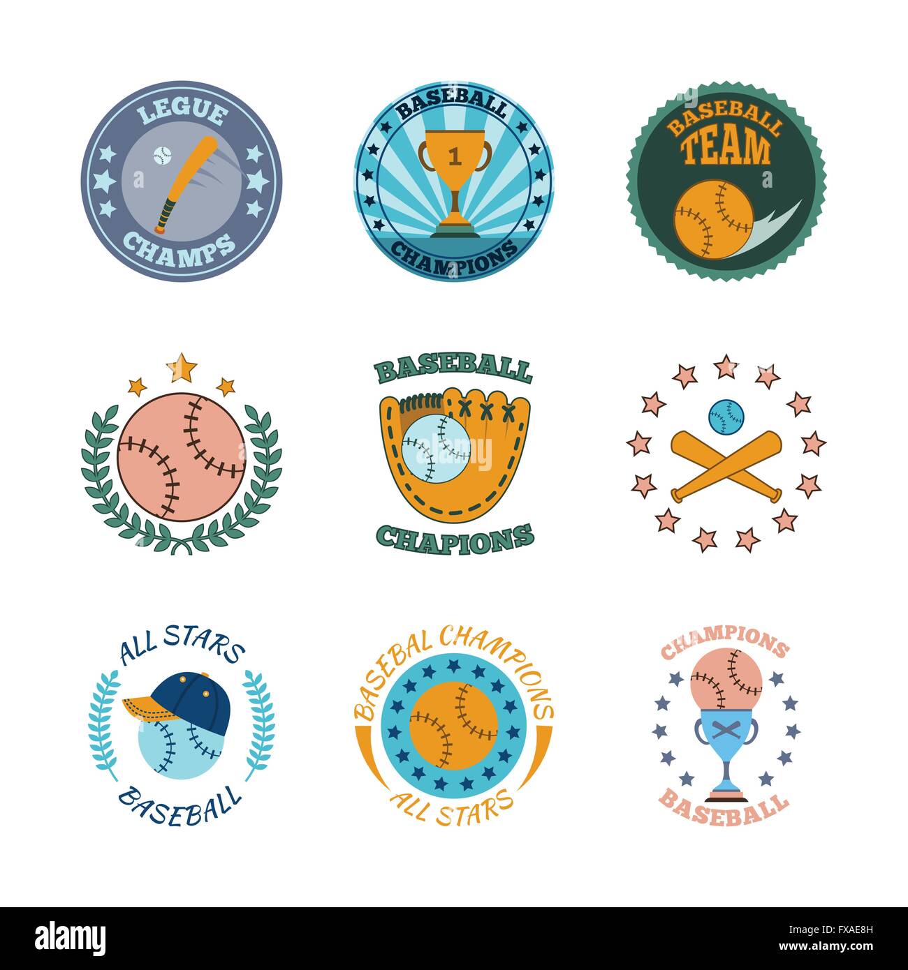 Baseball labels icons color set Stock Vector