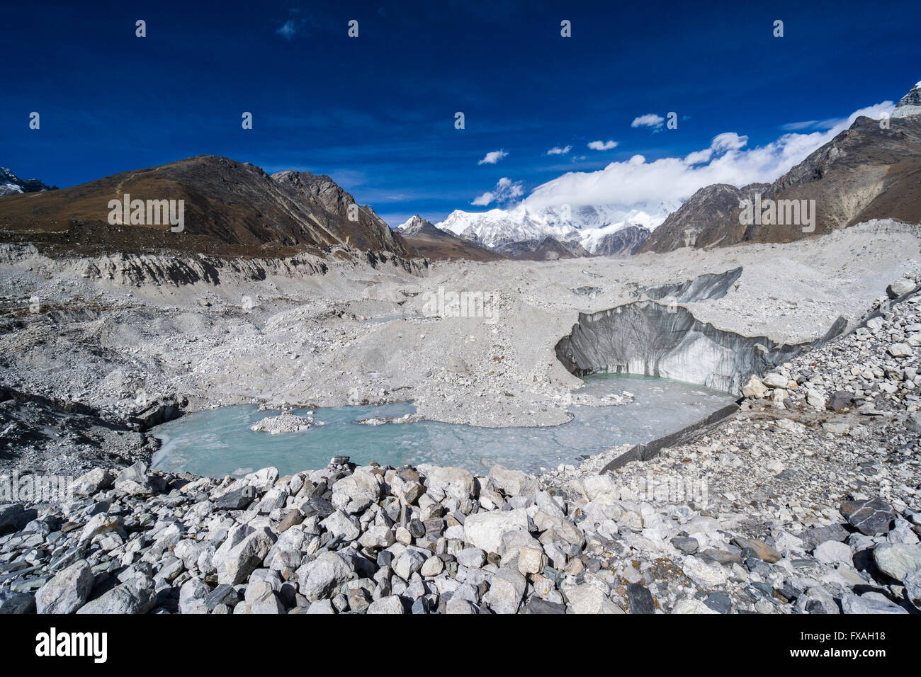 View of the Ngozumba Glacier, snow covered mountains in the distance, Gokyo, Solo Khumbu, Nepal Stock Photo