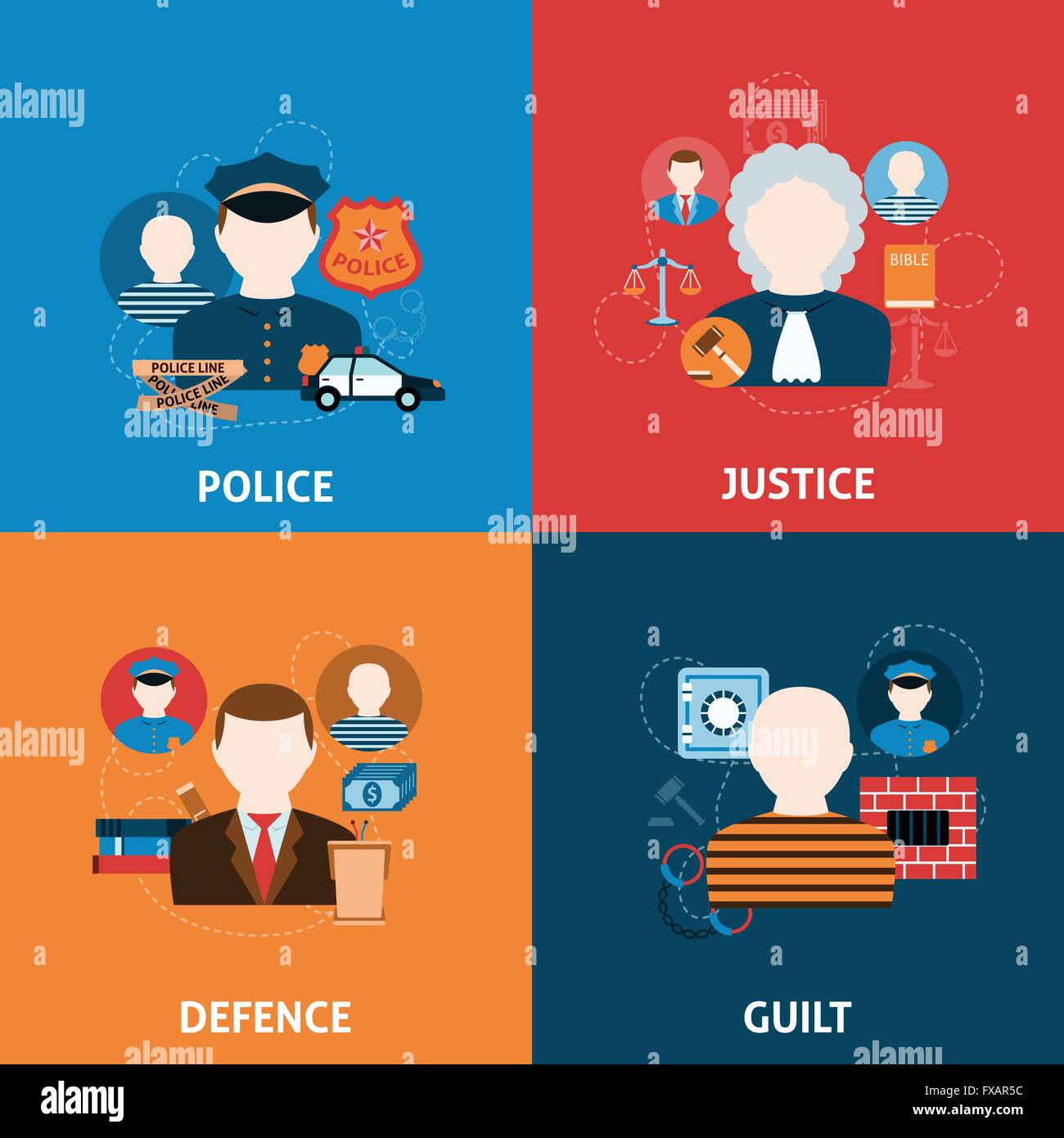 Crime and punishments flat icons composition Stock Vector