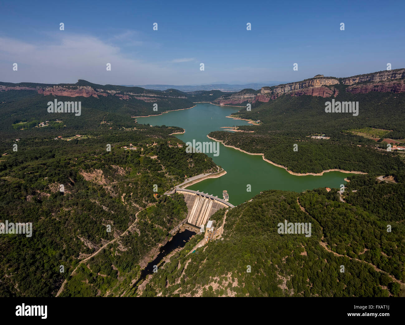 Aerial view, Panta de Sau, Sau reservoir, rivers Ter, Riu Ter, Vilanova de Sau, Costa Brava, Catalonia, Spain, Europe, Aerial Stock Photo