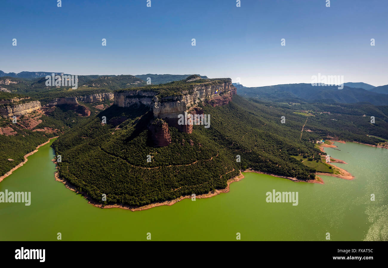 Aerial viewTable Mountain layered rock, Panta de Sau, Sau reservoir, rivers Ter, Riu Ter, Tavèrnoles, Costa Brava, Catalonia, Stock Photo