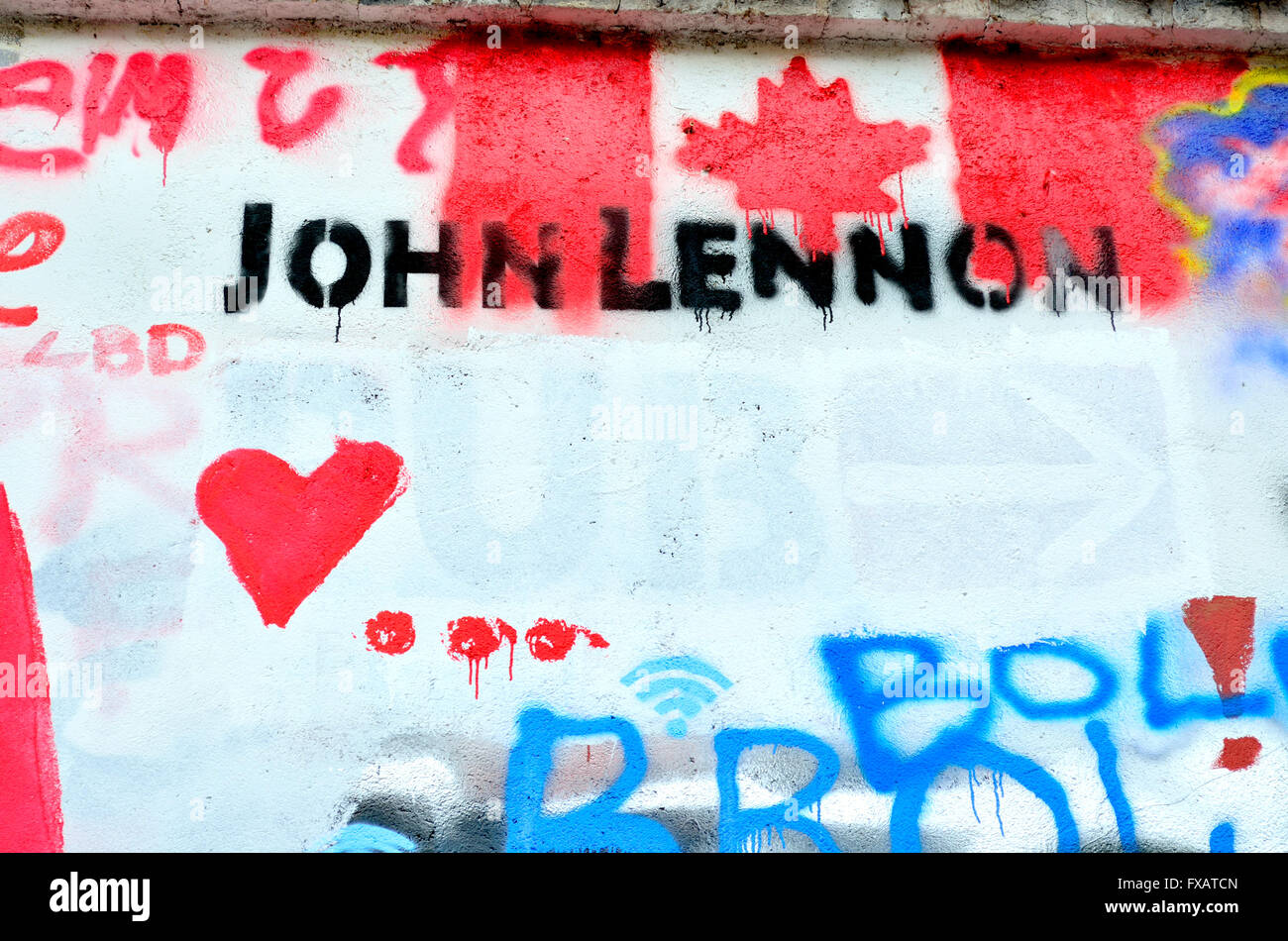Prague, Czech Republic. The 'John Lennon Wall' in Velkoprevorské námestí - magnet for graffiti writers since the 1990s (April 20 Stock Photo