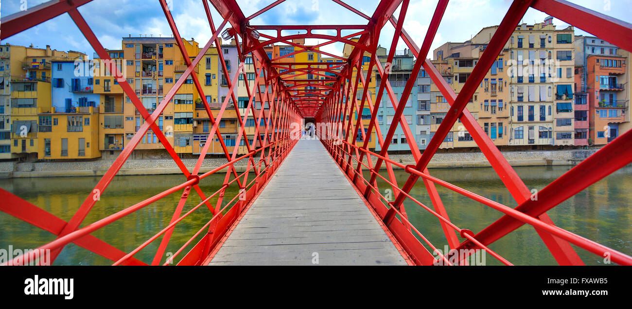 red bridge over the River Onyar built by the Eiffel company, latticework, lattice truss, Girona, Cataluña, Gerona, Catalonia, Stock Photo