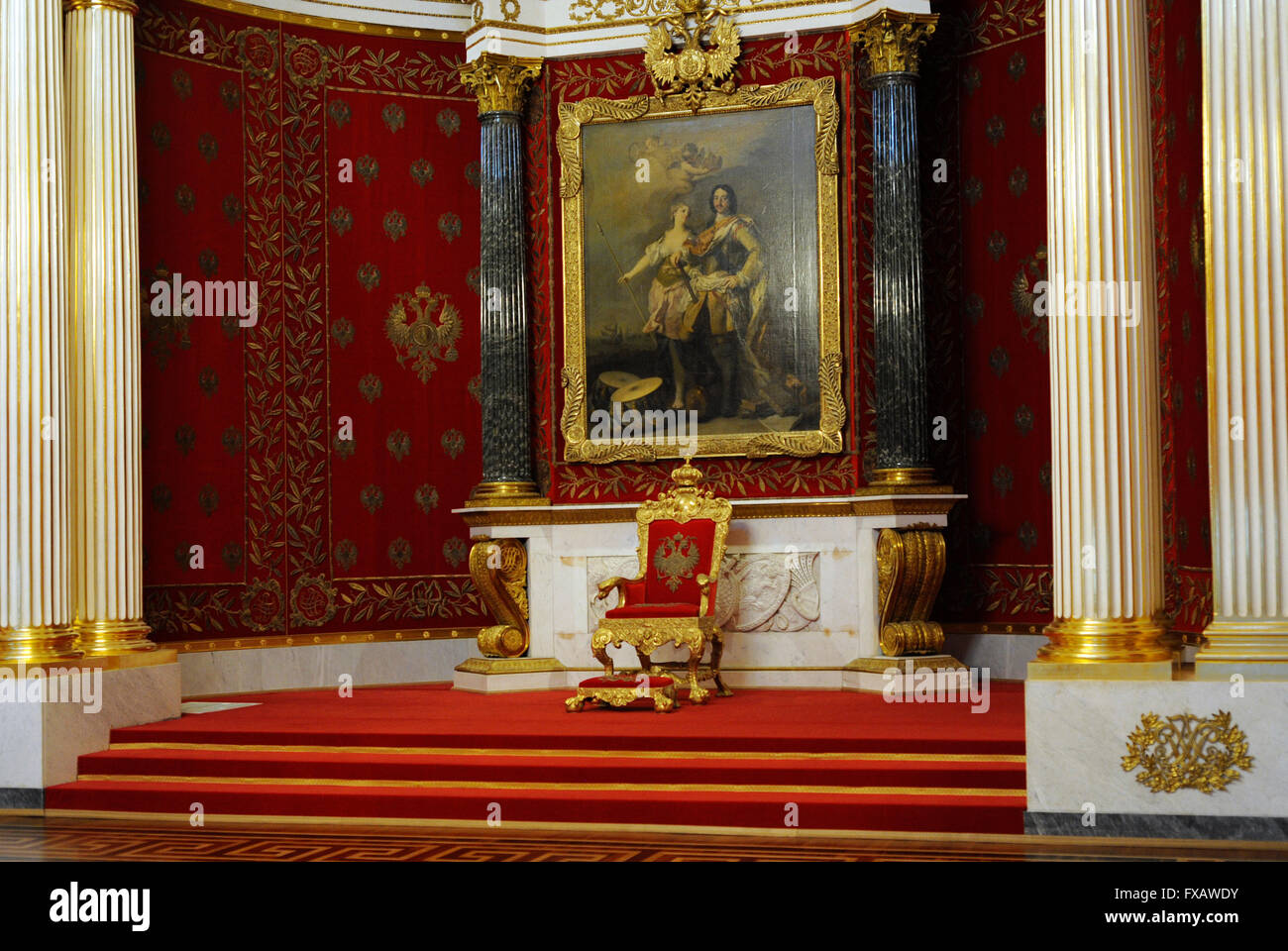 The State Hermitage Museum. View of Peter the Great Hall (Small Throne Room) in the Winter Palace. By Auguste Montferrand, 1833, Late classicism. Saint Petersburg. Russia. Stock Photo