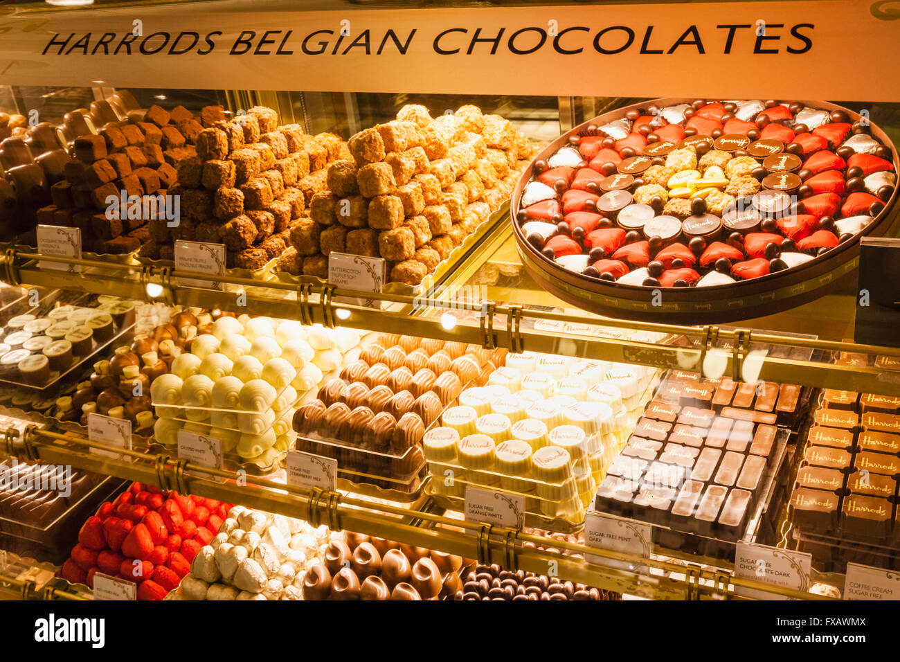 England, London, Knightsbridge, Harrods, Food Hall, Chocolate Counter Stock Photo