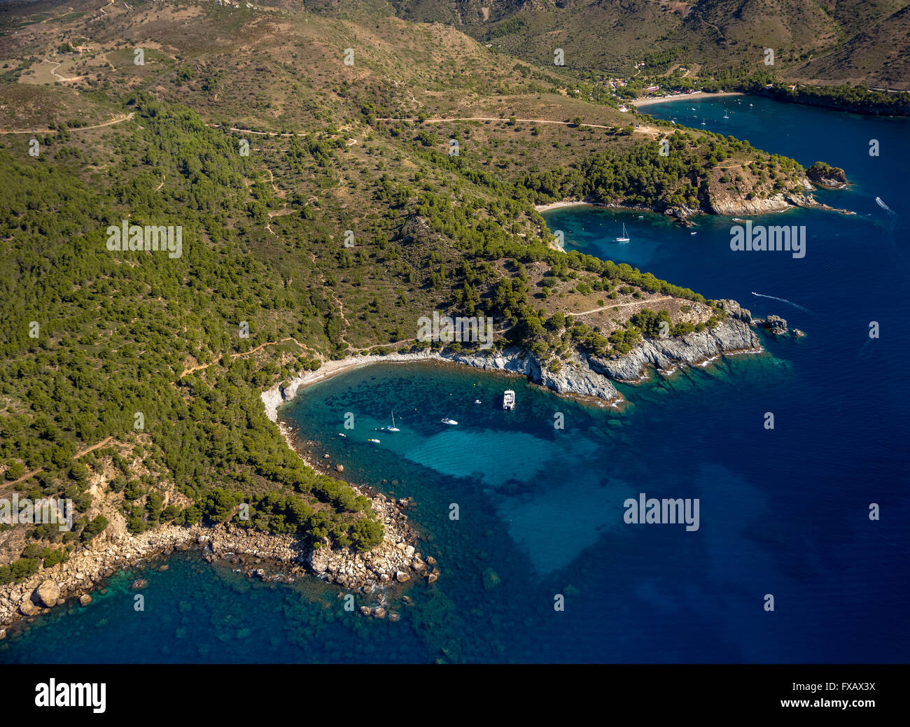 Aerial view, bays for boats and divers, Mediterranean Bay of Roses