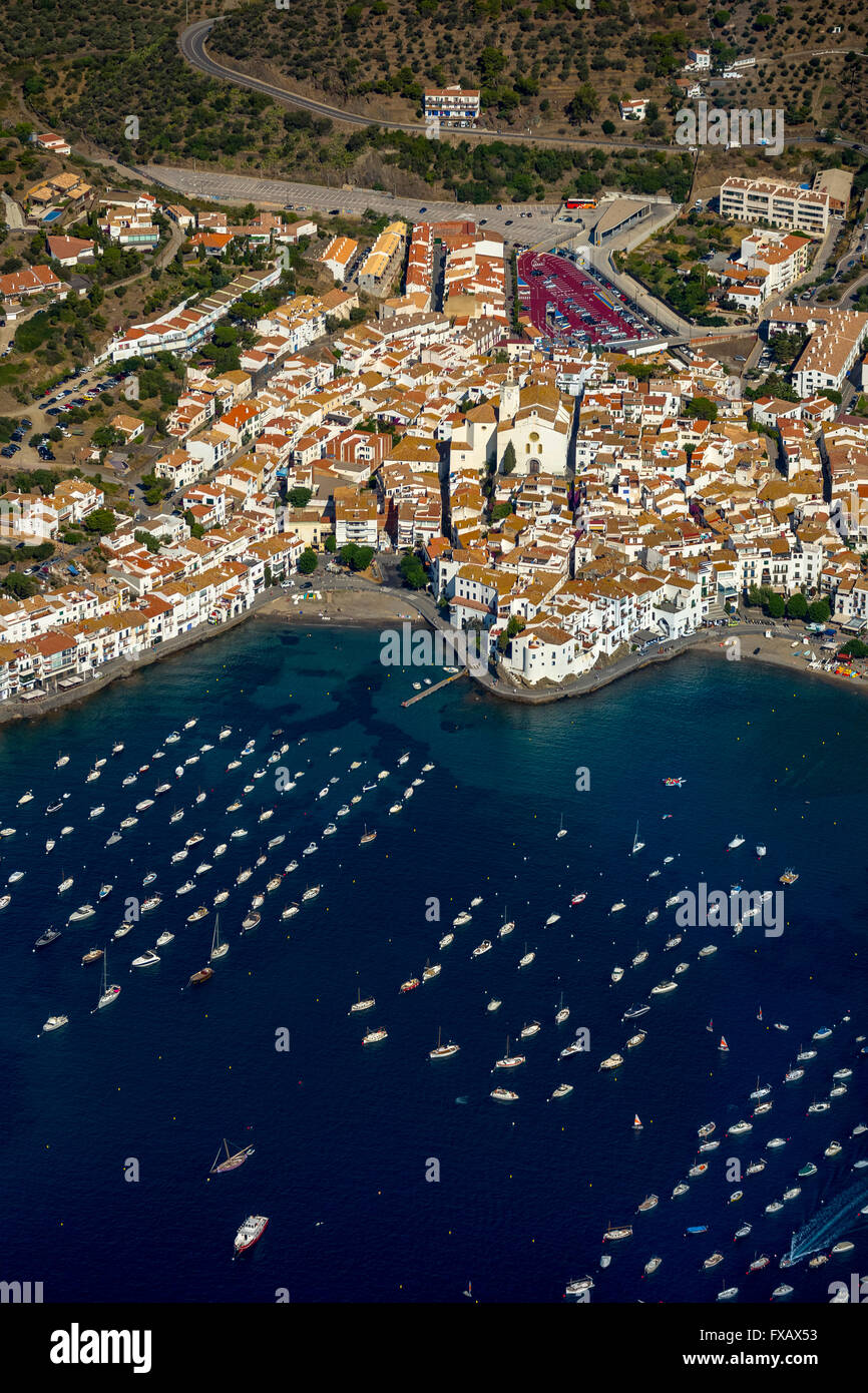 Aerial, Bay of Cadaques, sailboats, old town, Parc Natural Cap de Creus, Cadaqués, Costa Brava, Catalonia, Spain Europe, aerial Stock Photo