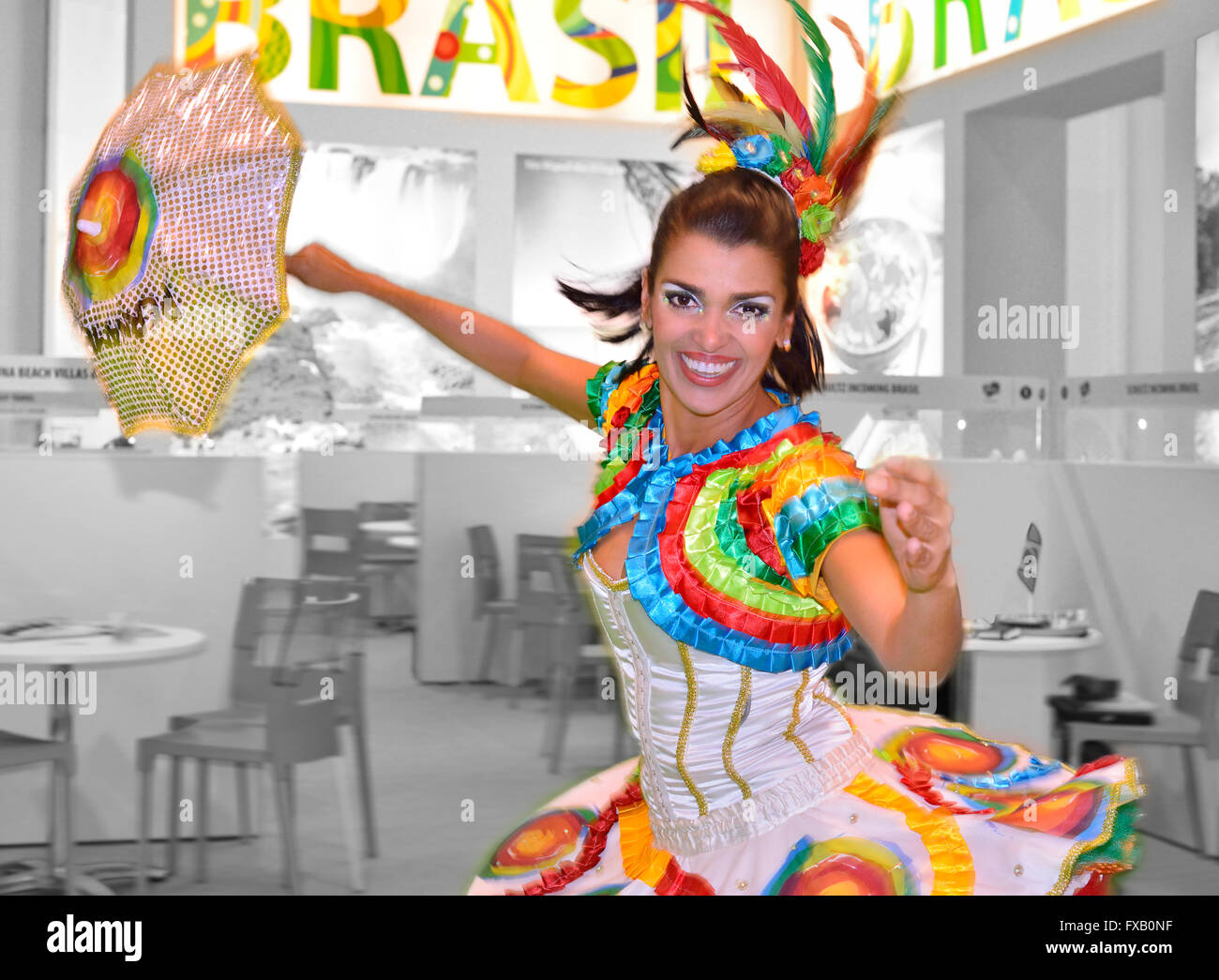 Brazilian dancer performing traditional Pernambuco dance Frevo at Tourism Fair in Lisbon Stock Photo