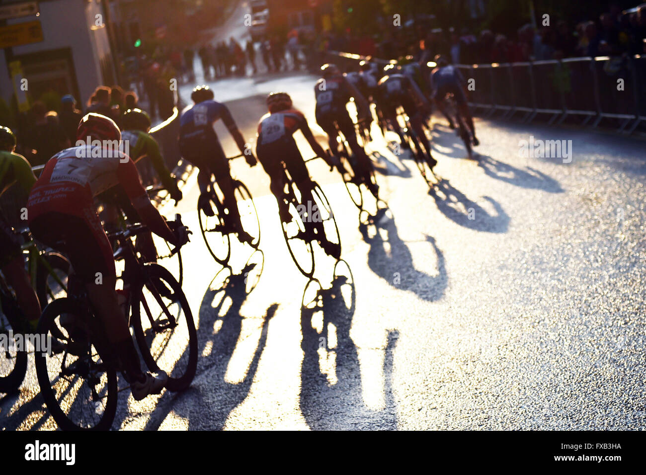 Cycling road race, sun and shadow, Skipton Yorkshire Stock Photo