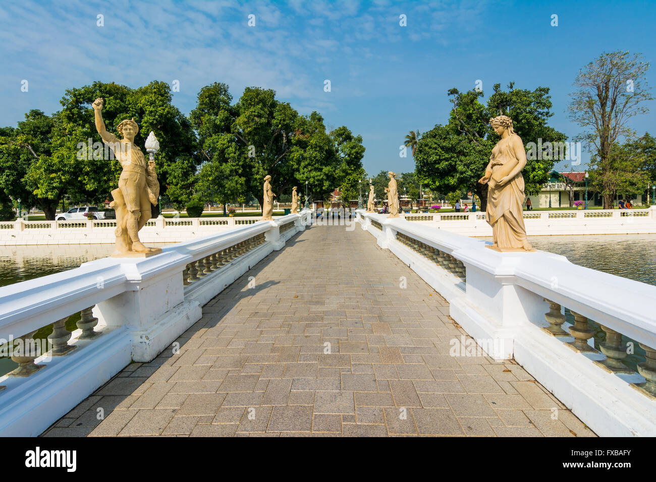Statuette bridge in Bang Pa-In, Aisawan Thiphya-Art-Divine Seat of Personal Freedom, near Bangkok, Thailand Stock Photo