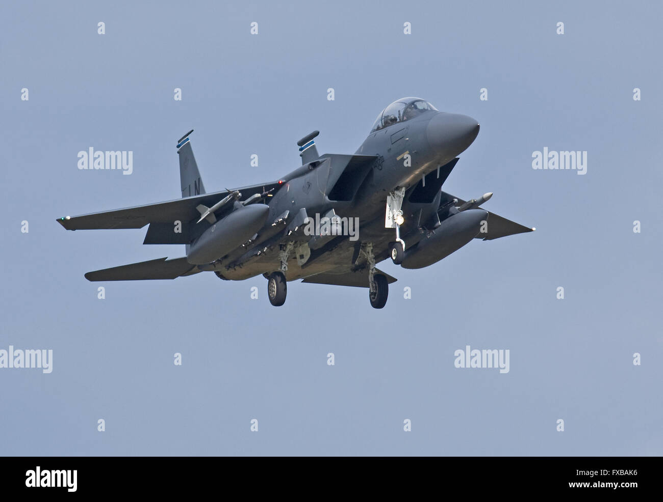 F-15E Eagle, 492th FS, Madhatters, 48th FW, USAFE landing at RAF Lakenheath Stock Photo