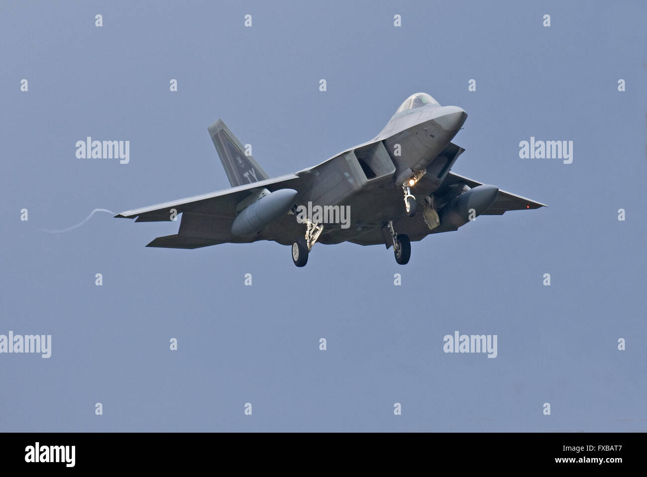 Tyndall AFB based USAF F-22 Raptor landing at RAF Lakenheath, England Stock Photo